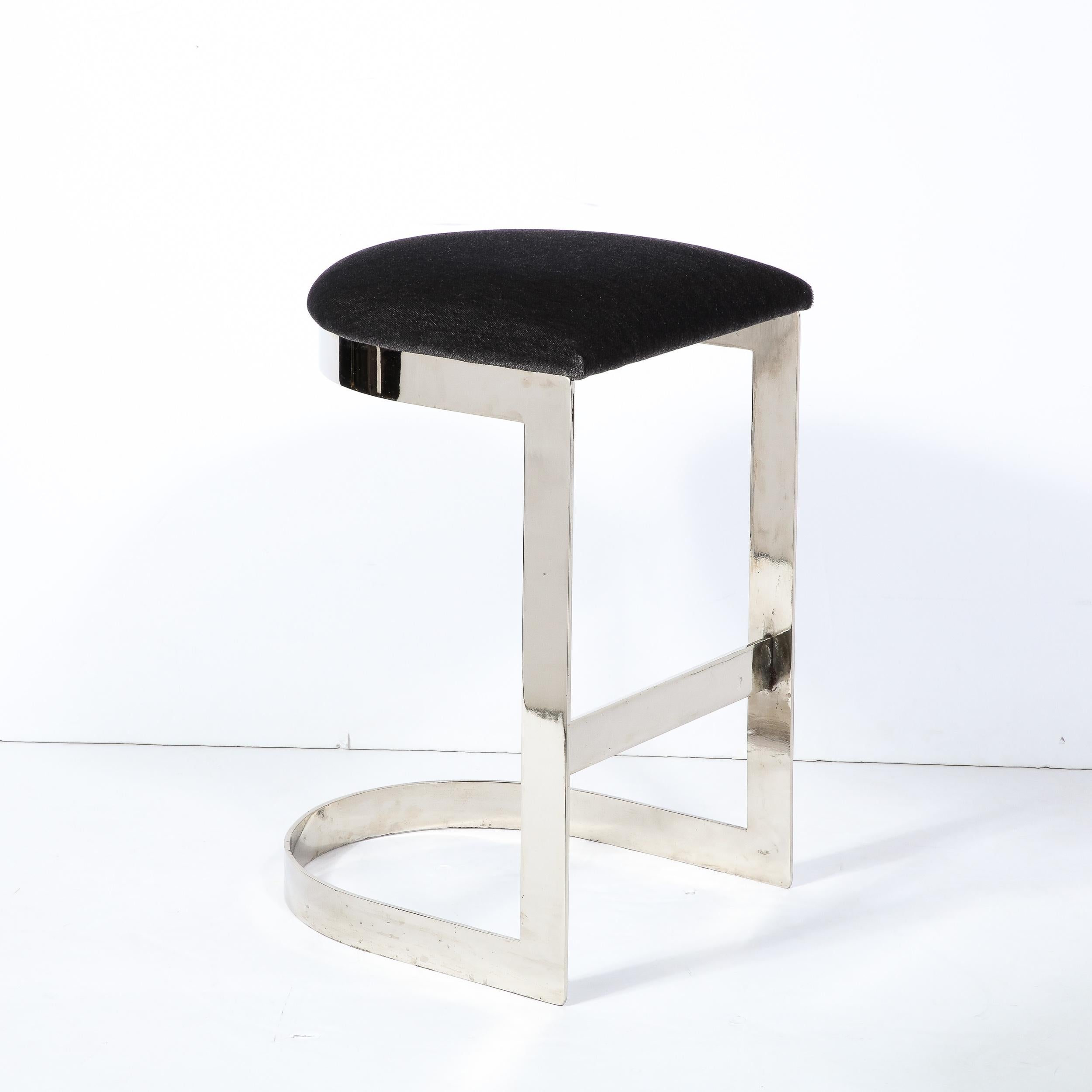 20th Century Chrome Banded Bar Stools in Smoked Pewter Velvet, Manner of Milo Baughman