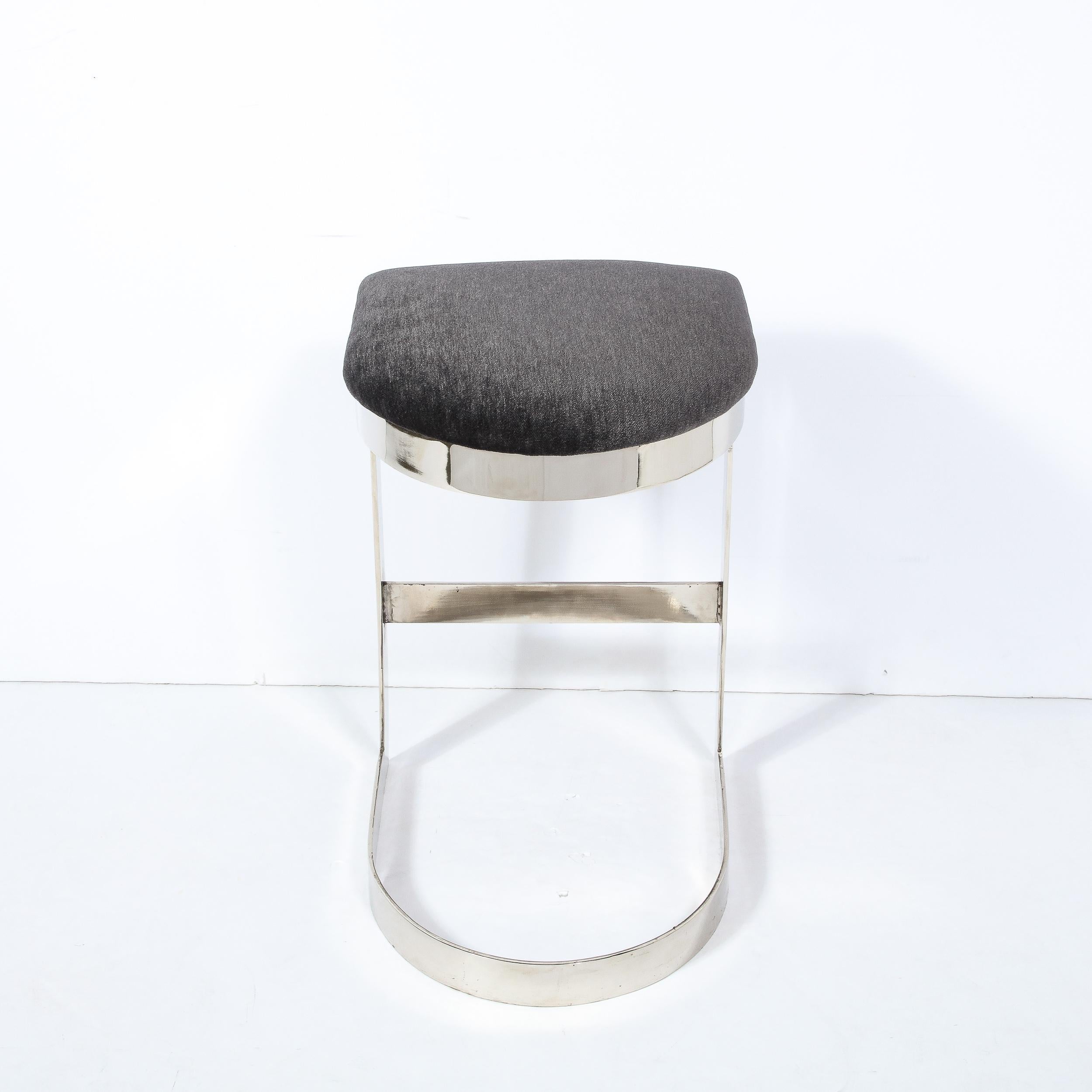 Chrome Banded Bar Stools in Smoked Pewter Velvet, Manner of Milo Baughman 3