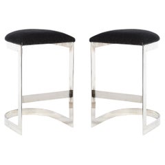 Chrome Banded Bar Stools in Smoked Pewter Velvet, Manner of Milo Baughman