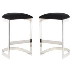 Chrome Banded Bar Stools in Smoked Pewter Velvet, Manner of Milo Baughman 