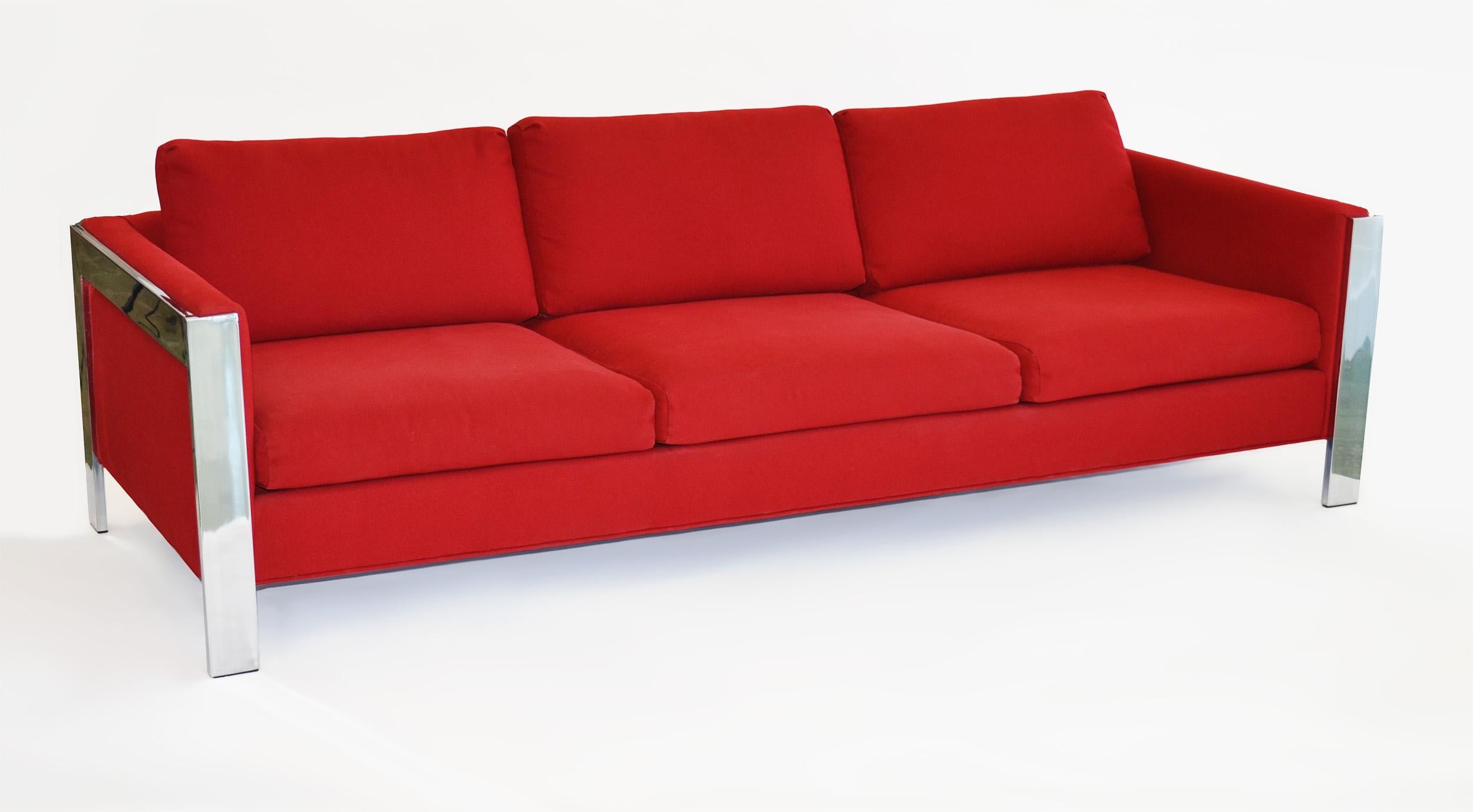 Chrome Bar 3-Seat Sofa by Milo Baughman for Thayer Coggin, USA 1970s
Gorgeous, long, low mid century sofa with flat bar chromed-steel framed arm and legs, recently re upholstered in bright red, ribbed, blend fabric. Two end pillows included. Classic
