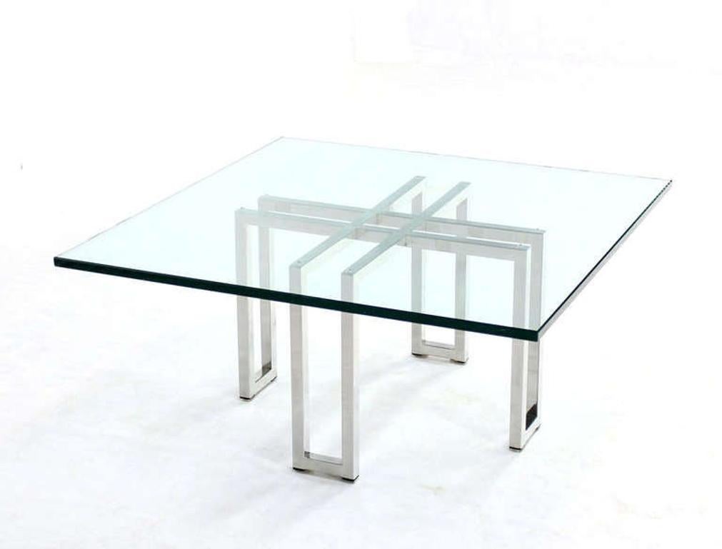 Chrome Base Square Glass Top Mid Century Modern Coffee Table Barcelona Baughman  For Sale 1