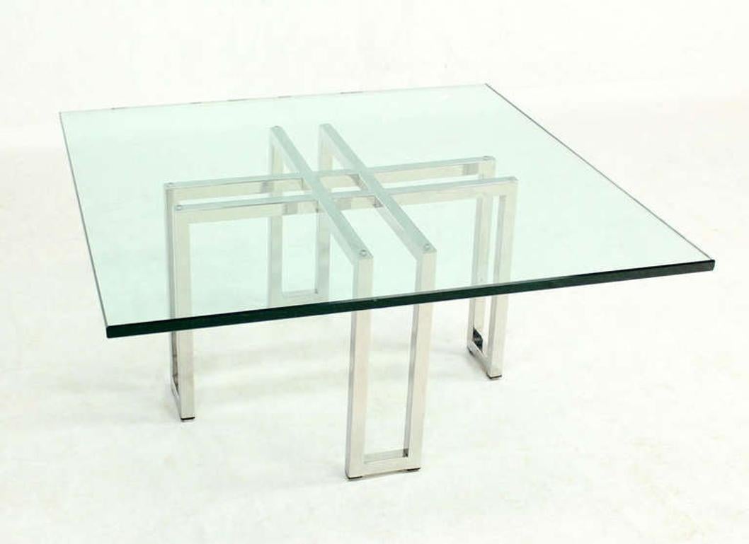 Chrome Base Square Glass Top Mid Century Modern Coffee Table Barcelona Baughman  For Sale 2