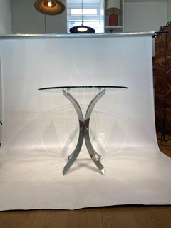 Chrome Base Tall Bistro Side Table Tempered Thick Glass Top Desk 1970s