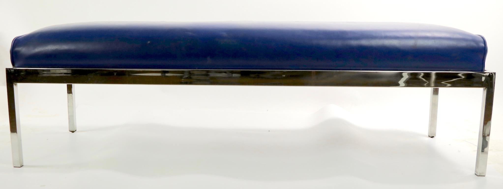 American Chrome Base Upholstered Bench after Milo Baughman