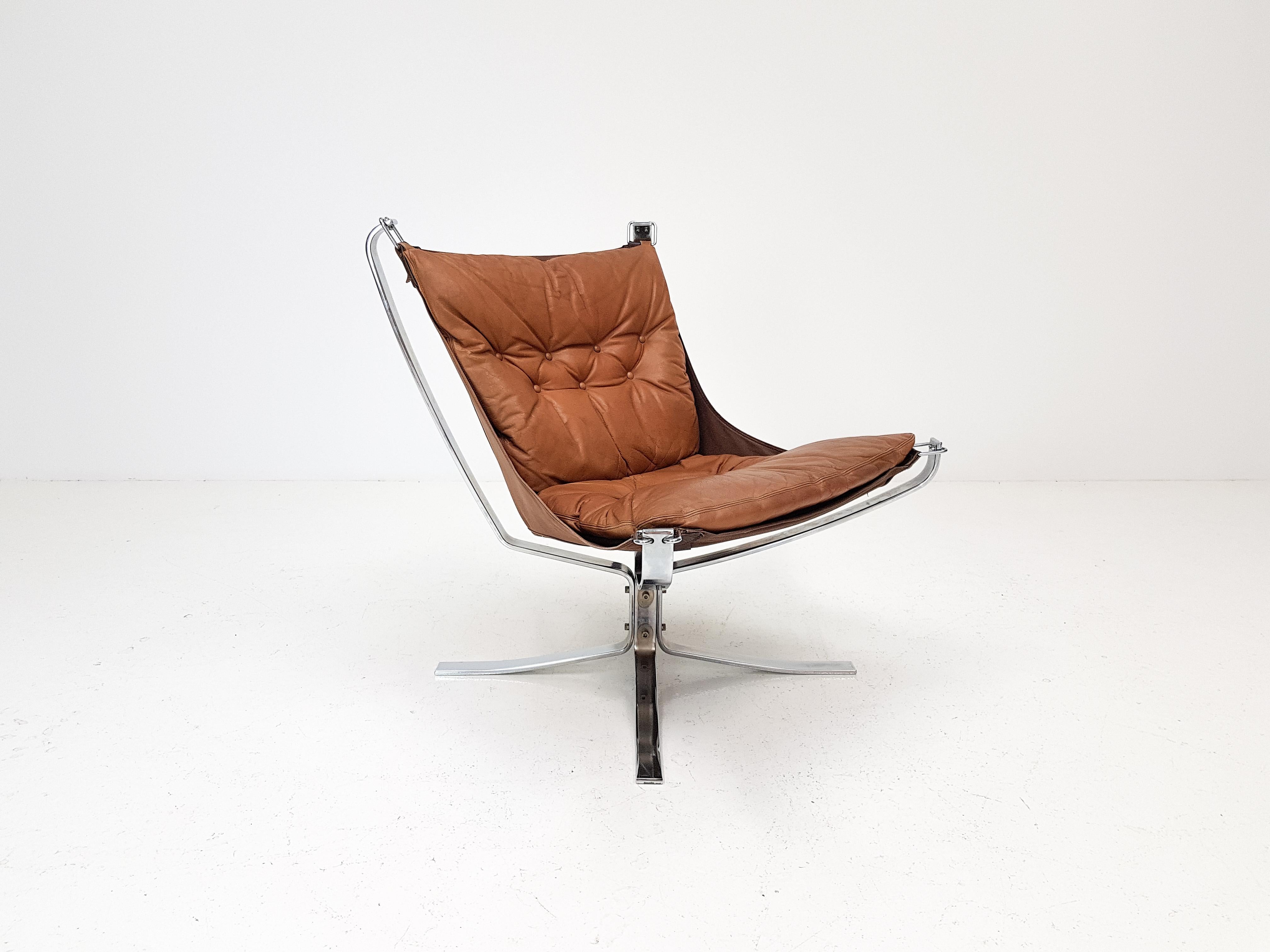 Chrome Based Cognac Leather Sigurd Ressell Designed 1970s Falcon Chair, 1970s 6