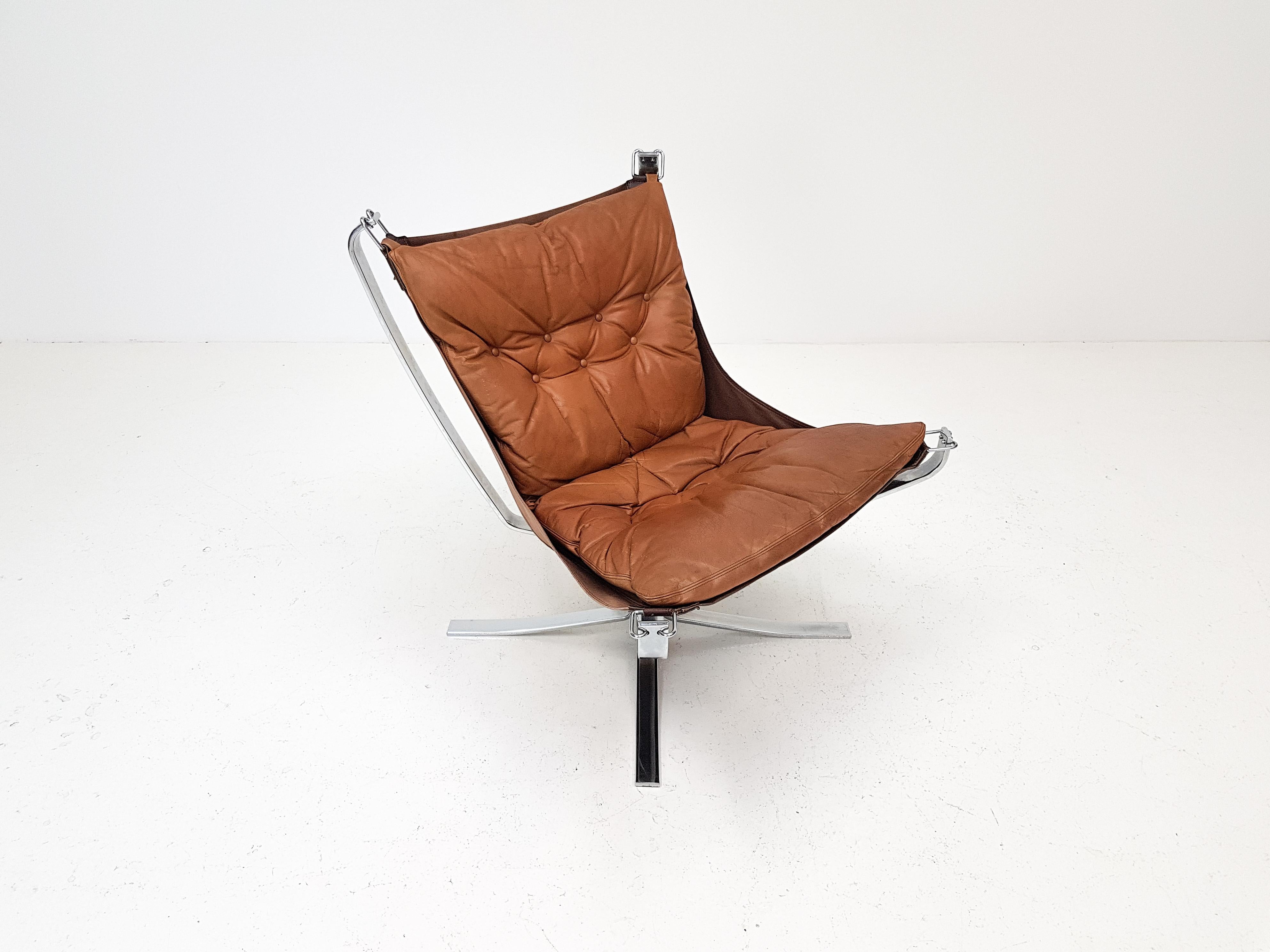 Chrome Based Cognac Leather Sigurd Ressell Designed 1970s Falcon Chair, 1970s 7