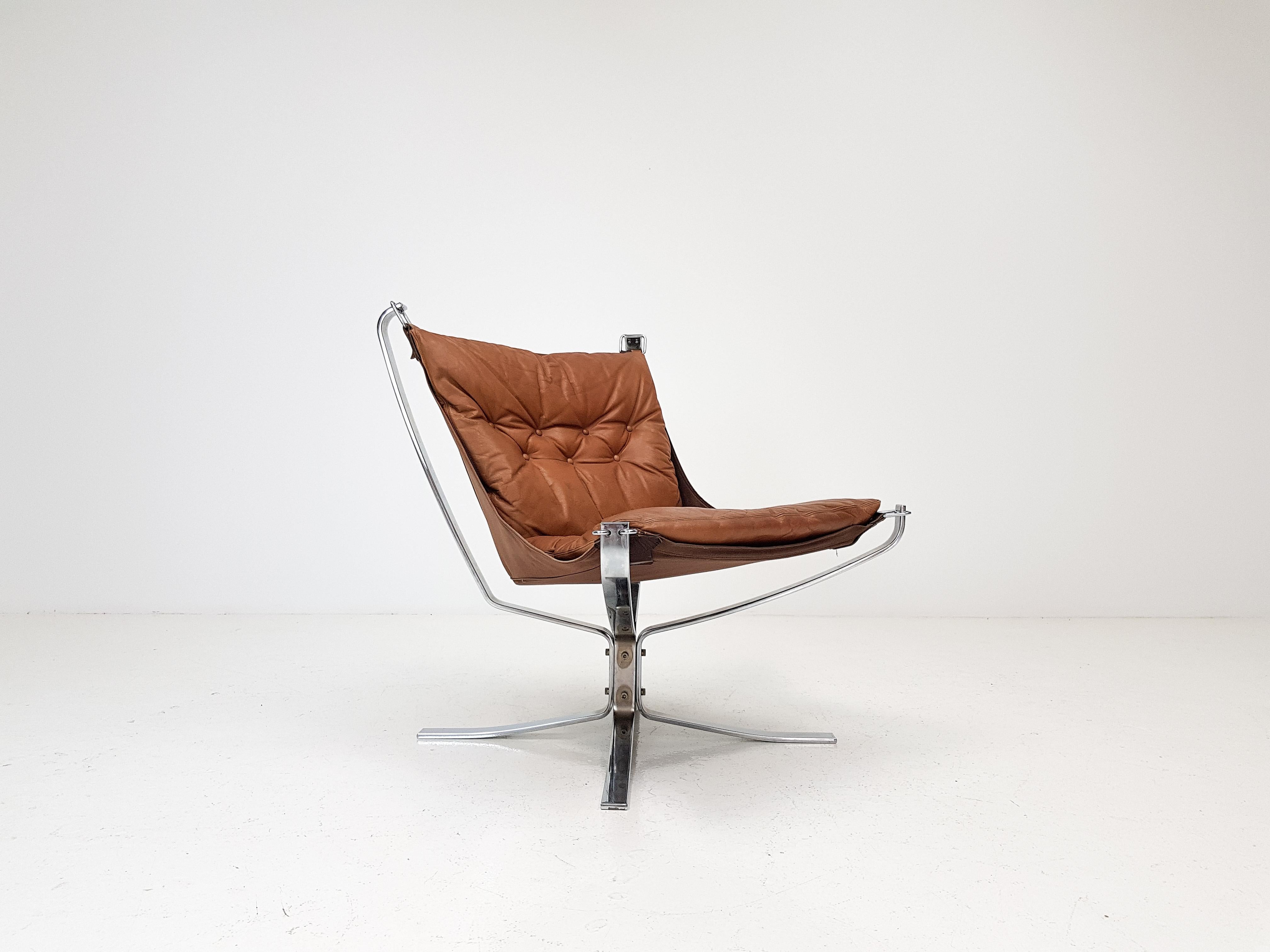 Norwegian Chrome Based Cognac Leather Sigurd Ressell Designed 1970s Falcon Chair, 1970s