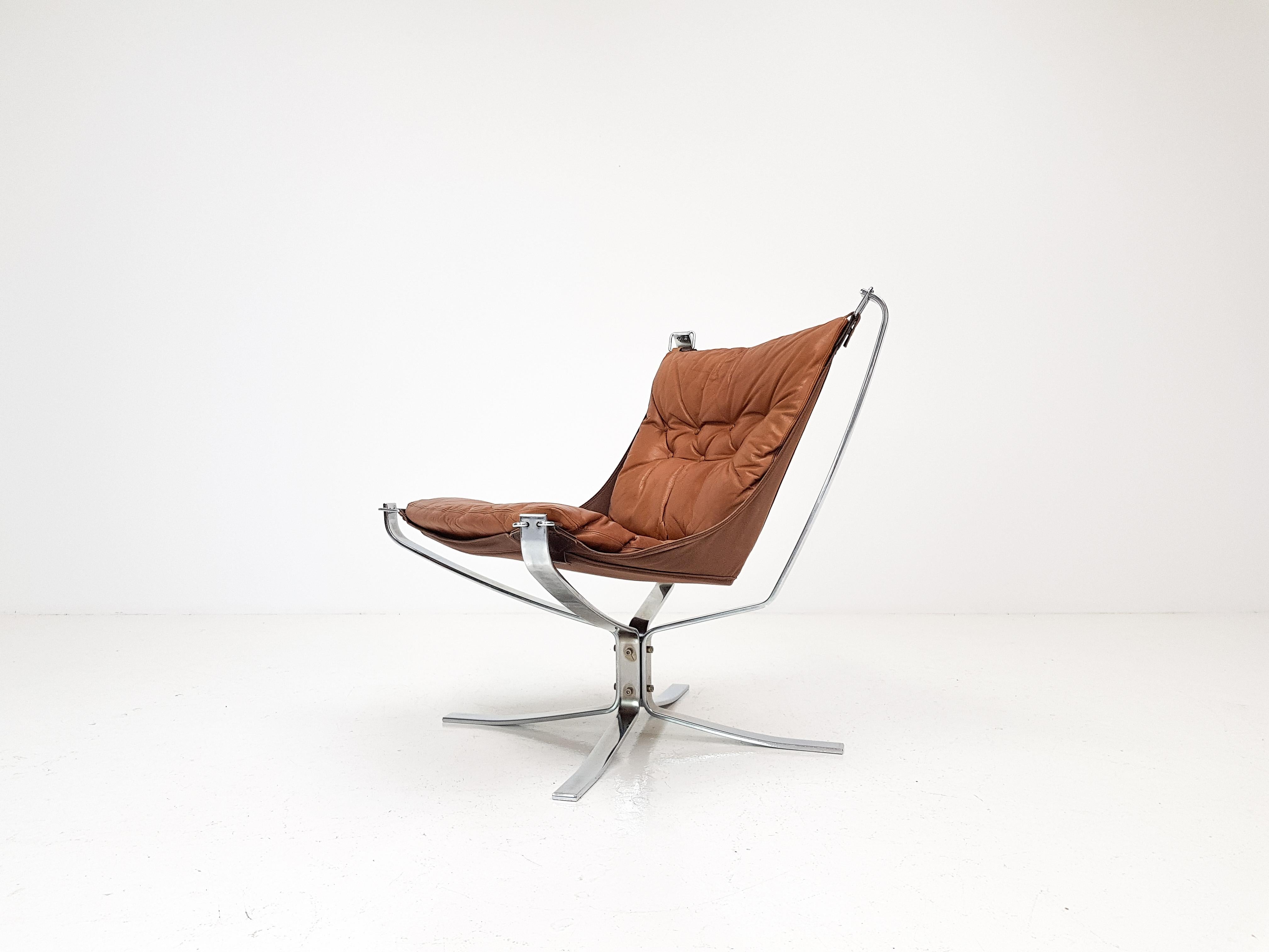 20th Century Chrome Based Cognac Leather Sigurd Ressell Designed 1970s Falcon Chair, 1970s