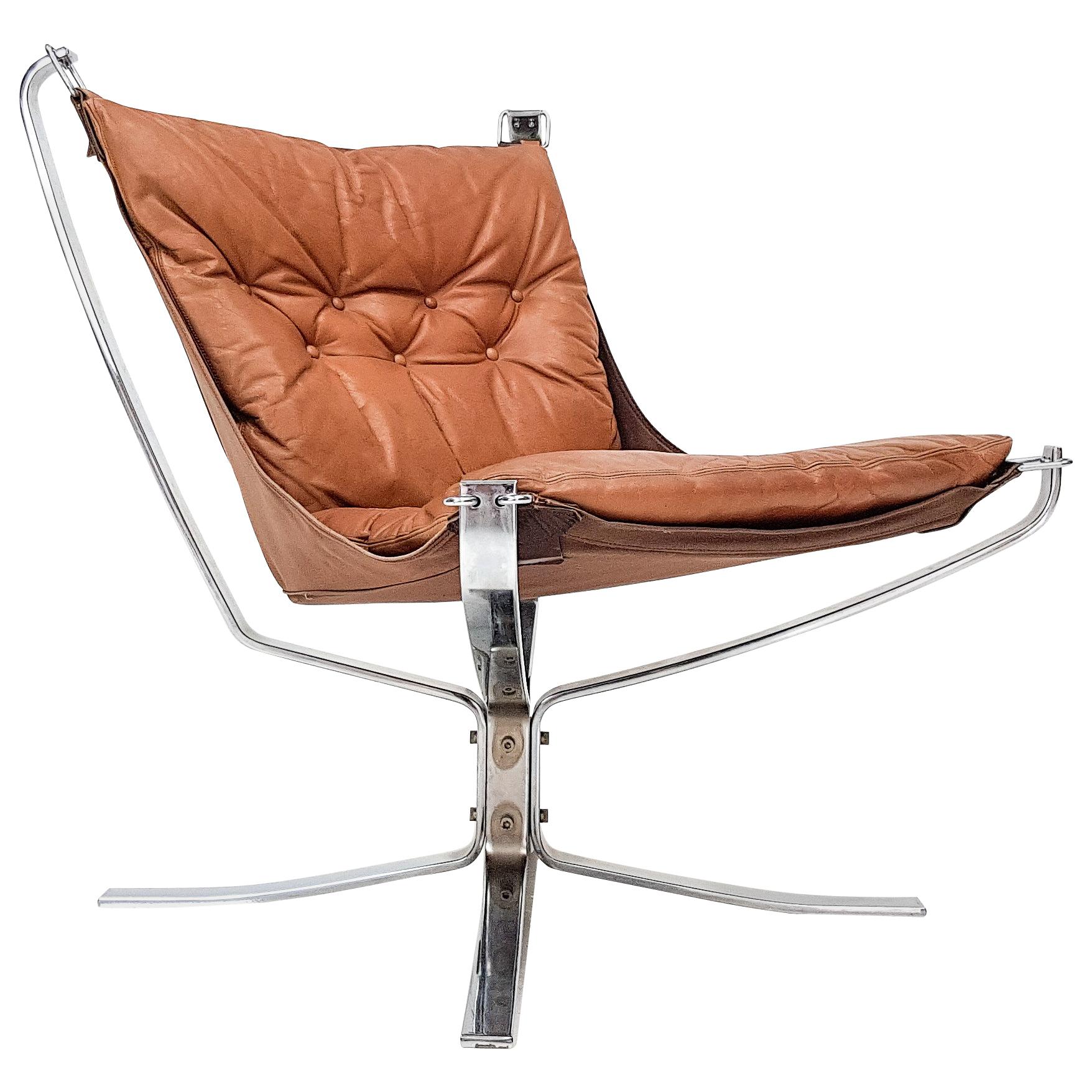 Chrome Based Cognac Leather Sigurd Ressell Designed 1970s Falcon Chair, 1970s