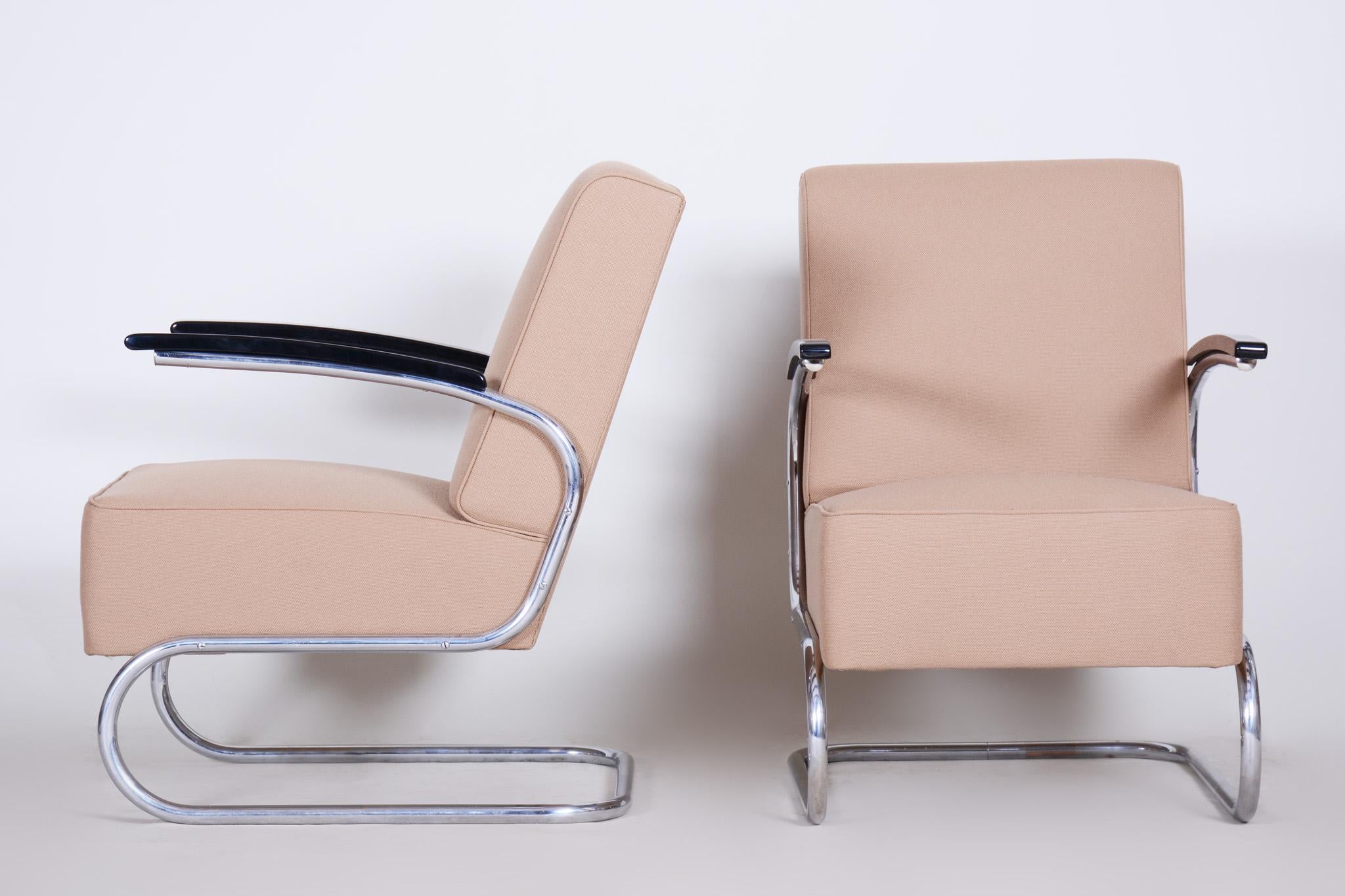 Czech Chrome Bauhaus Armchairs Designed by Mücke Melder, Fully Refurbished, 1930s For Sale