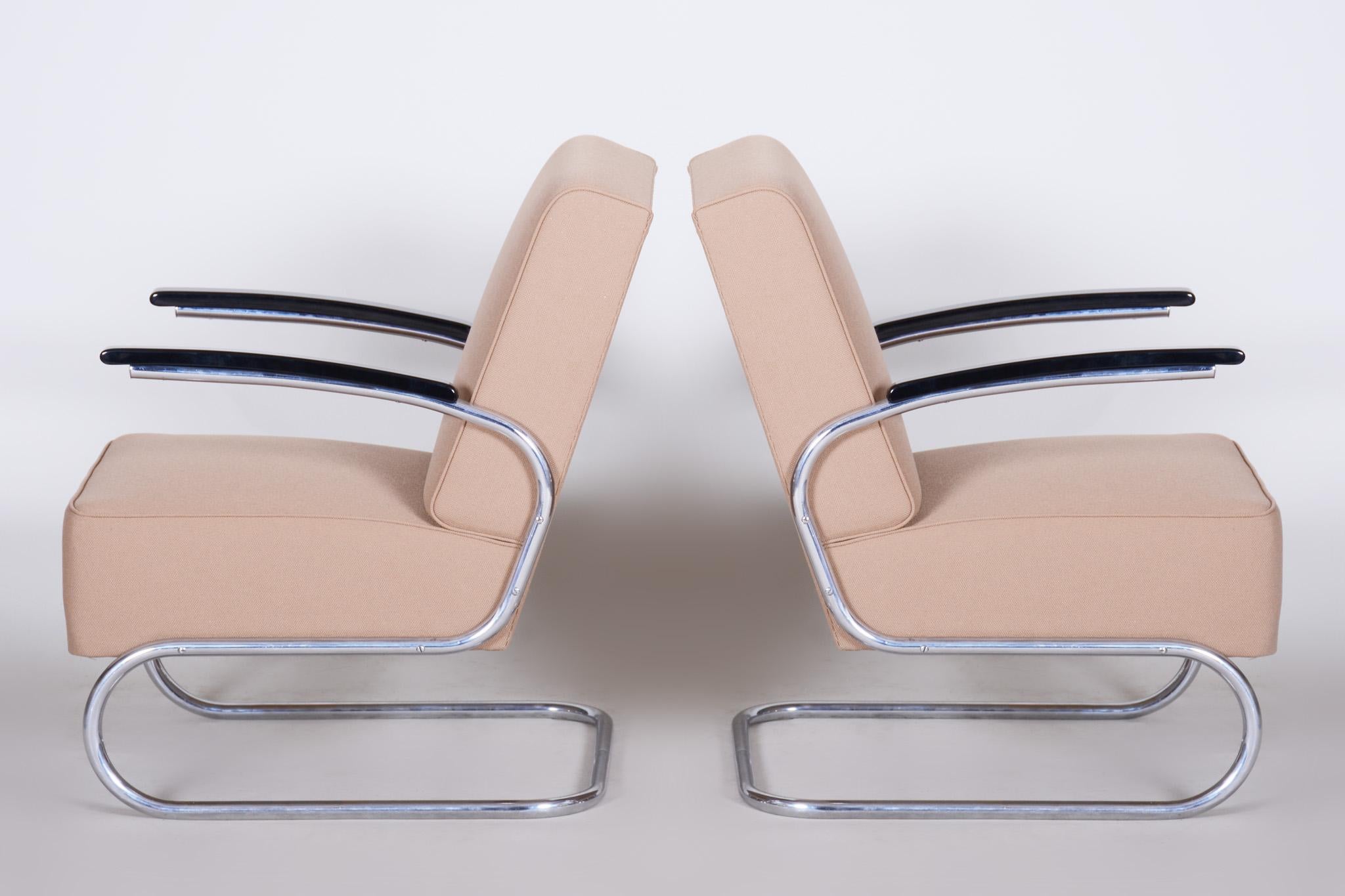 Fabric Chrome Bauhaus Armchairs Designed by Mücke Melder, Fully Refurbished, 1930s For Sale