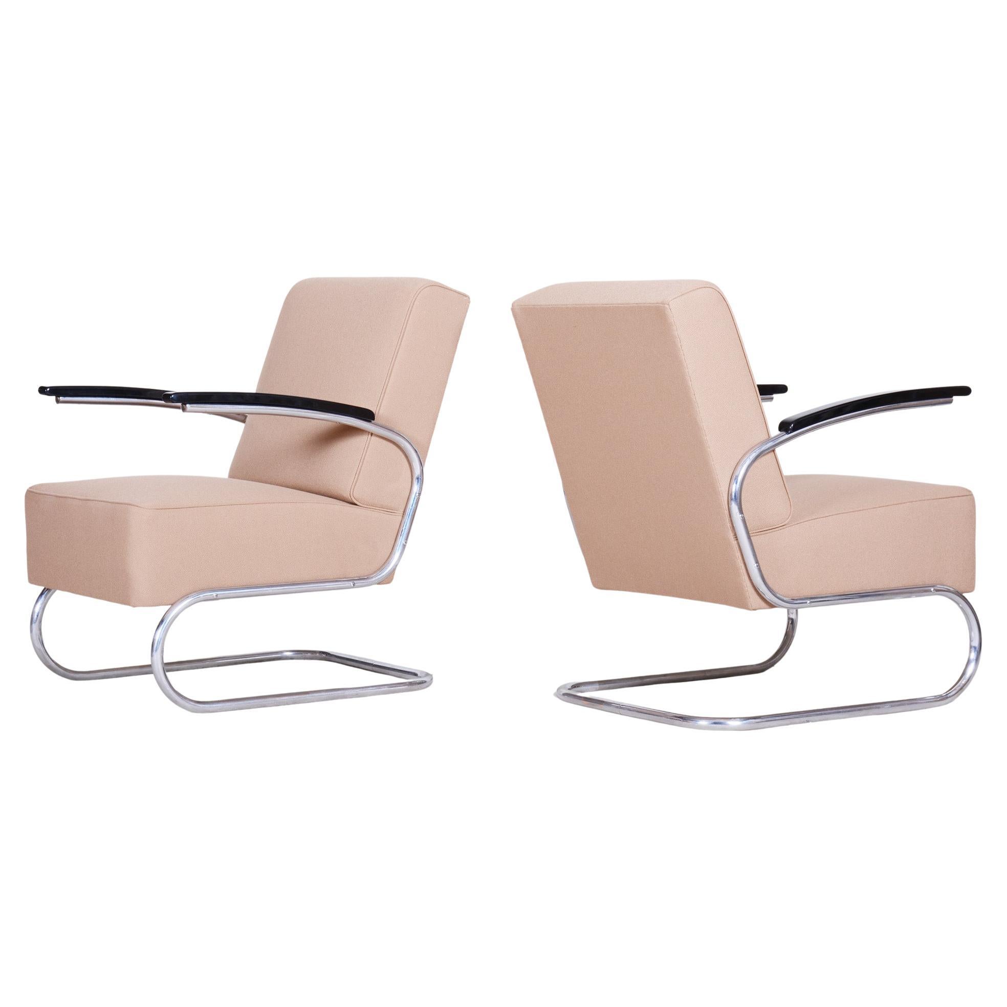Chrome Bauhaus Armchairs Designed by Mücke Melder, Fully Refurbished, 1930s For Sale