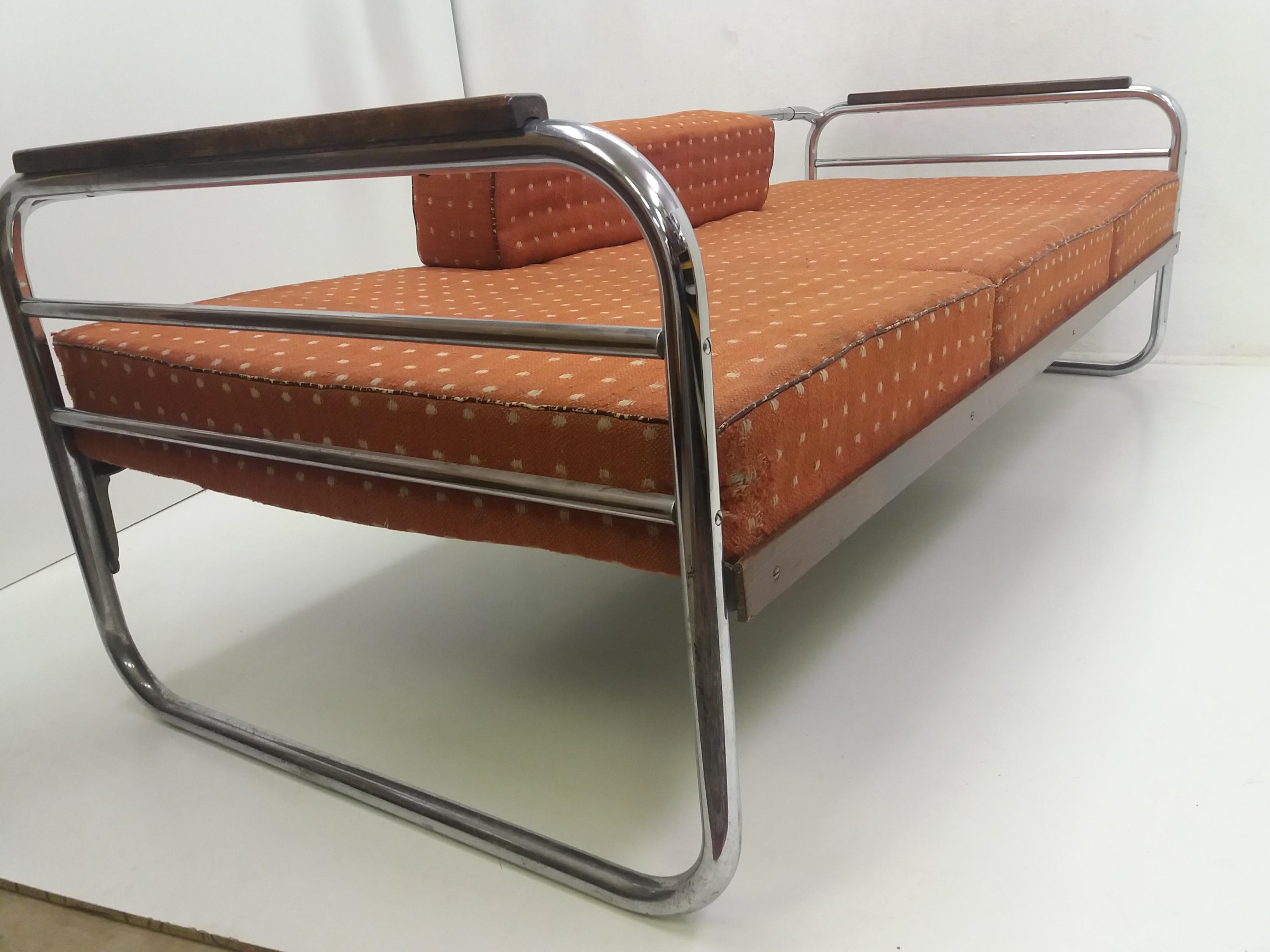 Fabric Chrome Bauhaus Robert Slezák 3-Seat Sofa, 1940s For Sale