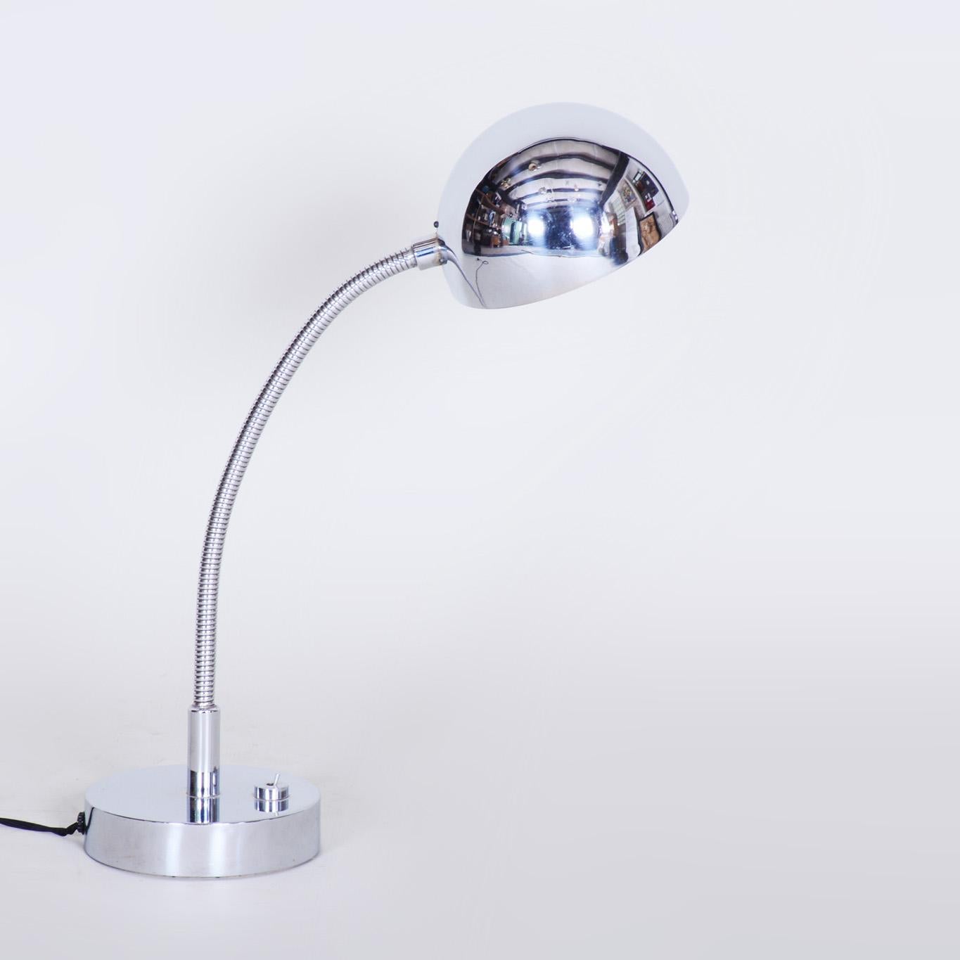 Chrome Bauhaus table lamp.

Period: 1920-1929
Designer: M. Prokop
Maker: Vorel, Praha
Source: Czechia
Material: Chrome

Restored and newly electrified.