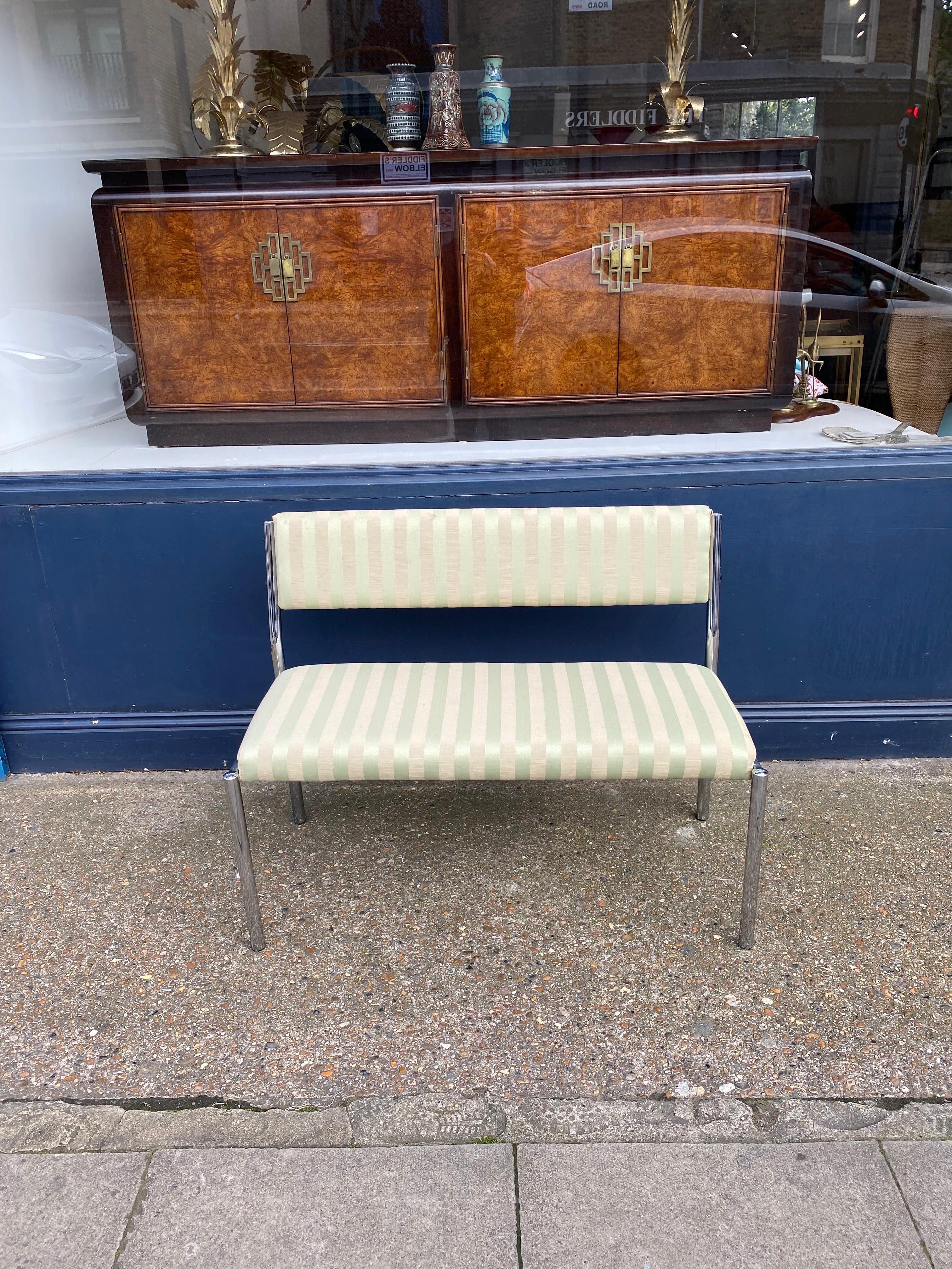 Italian Chrome Bench Green Stripped 1970s Hollywood Regency Modernist Vintage Table  For Sale