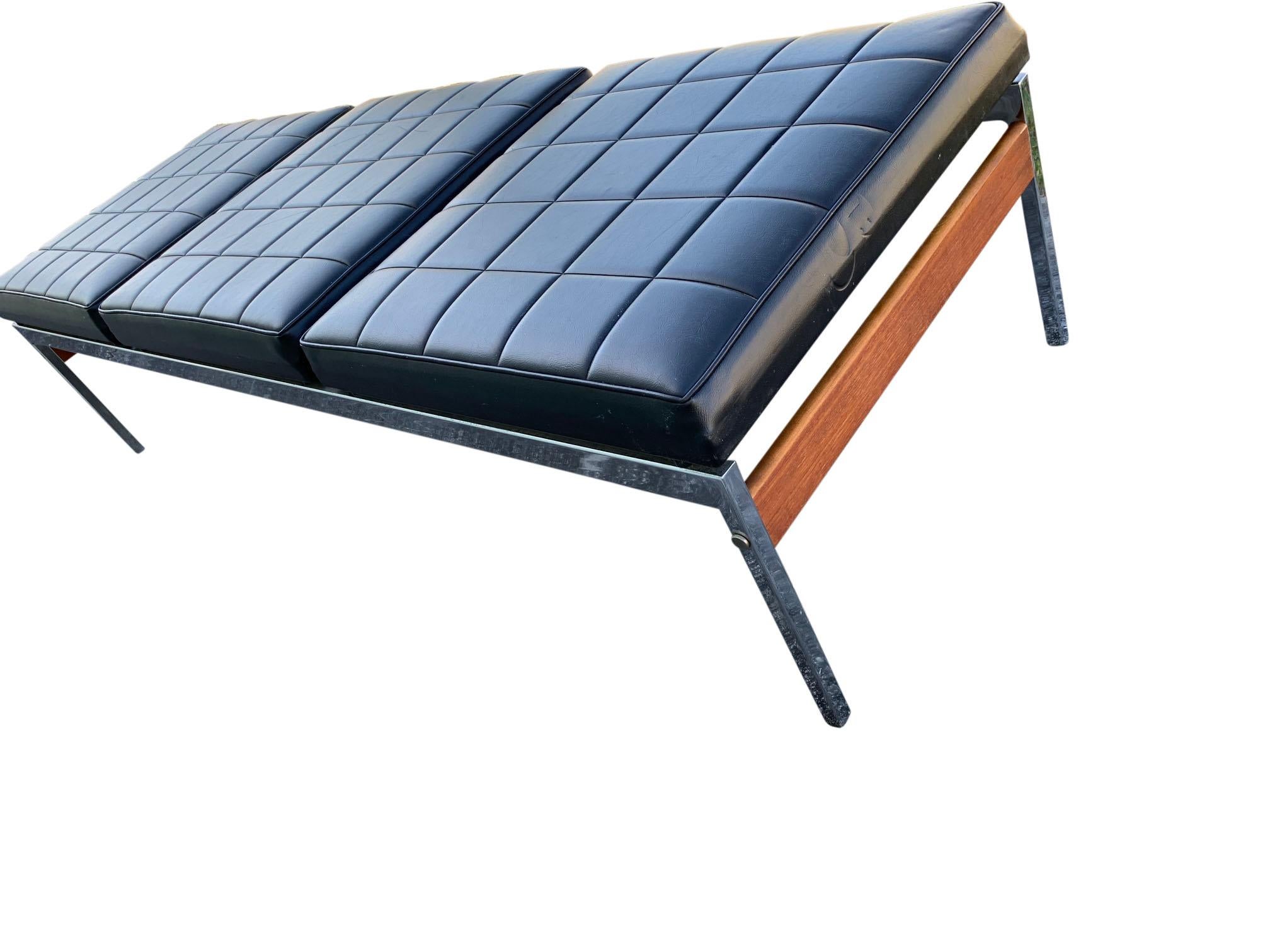 20th Century Chrome Bench with Black Naugahyde Upholstery and Teak Accents For Sale