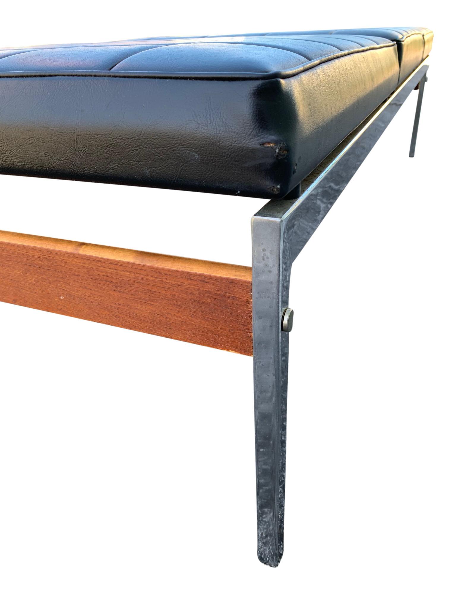 Chrome Bench with Black Naugahyde Upholstery and Teak Accents For Sale 1