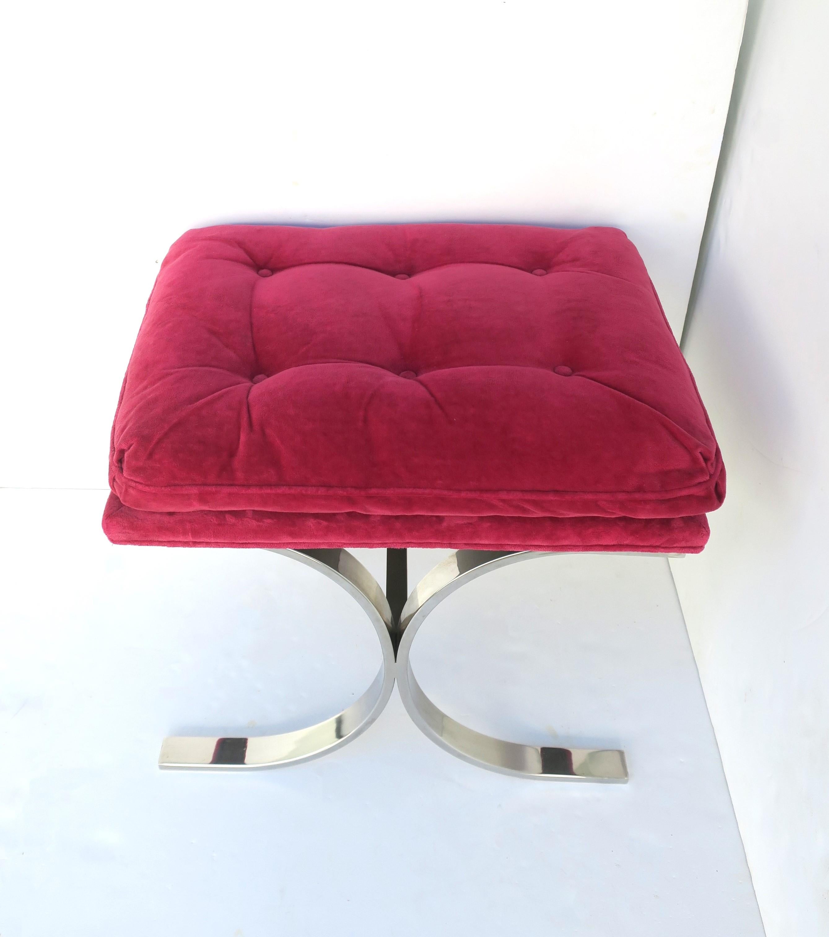Modern Chrome Bench with Magenta Pink Seat Milo Baughman Style  For Sale
