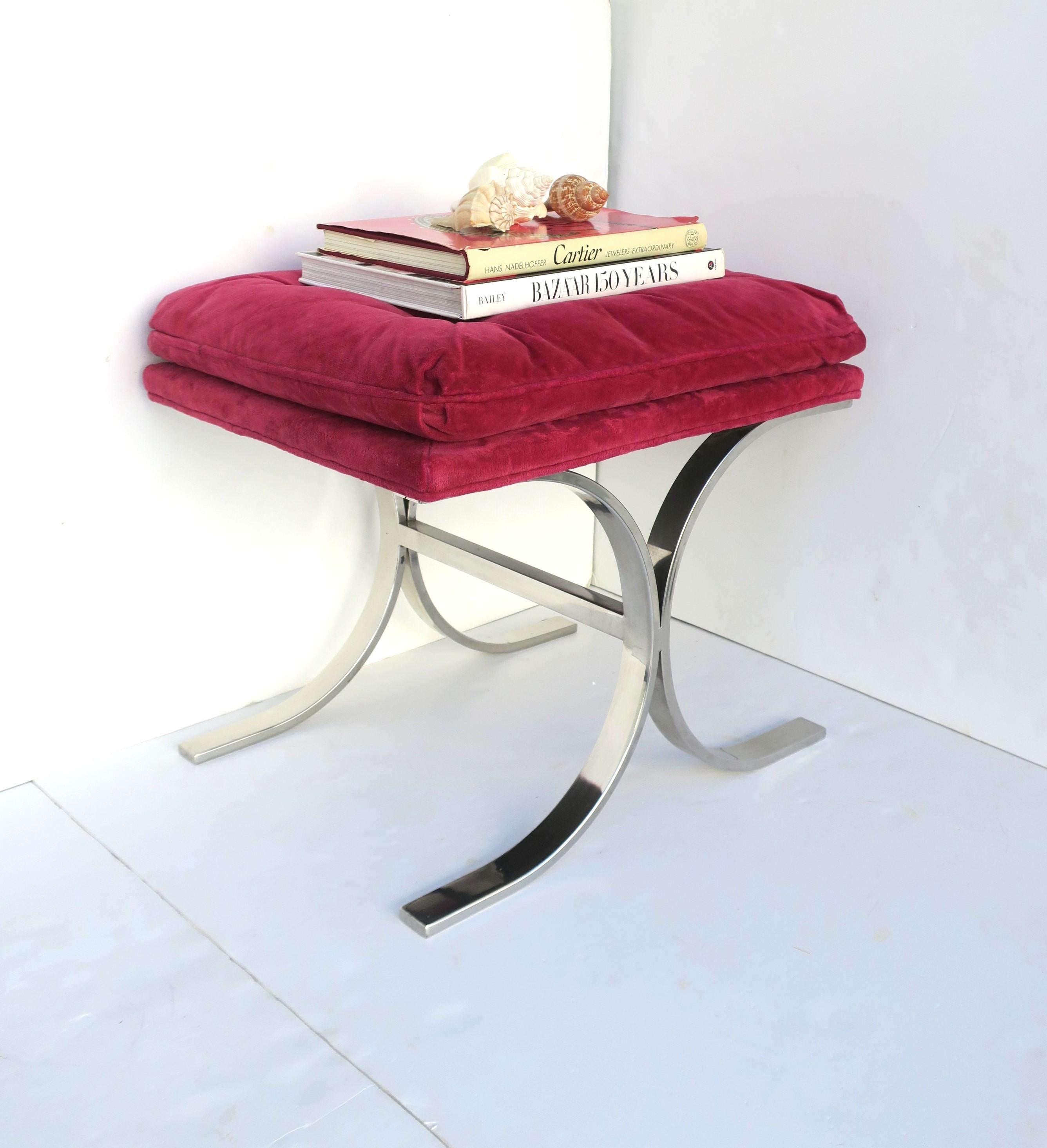 Upholstery Chrome Bench with Magenta Pink Seat Milo Baughman Style  For Sale