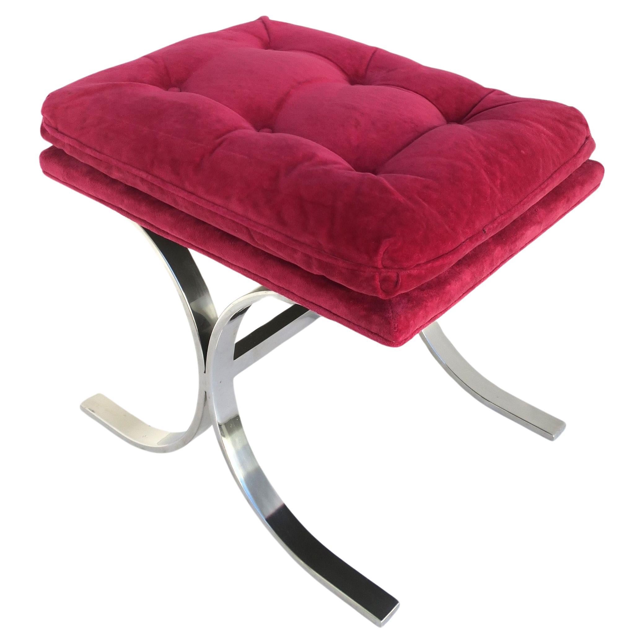 Chrome Bench with Magenta Pink Seat Milo Baughman Style 