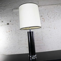 Chrome Black Faux Leather International Style Cylindrical Lamp after Von Nessen
