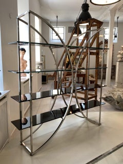 Chrome and Black Glass Art Deco Inspired Shelving / Room Divider-France