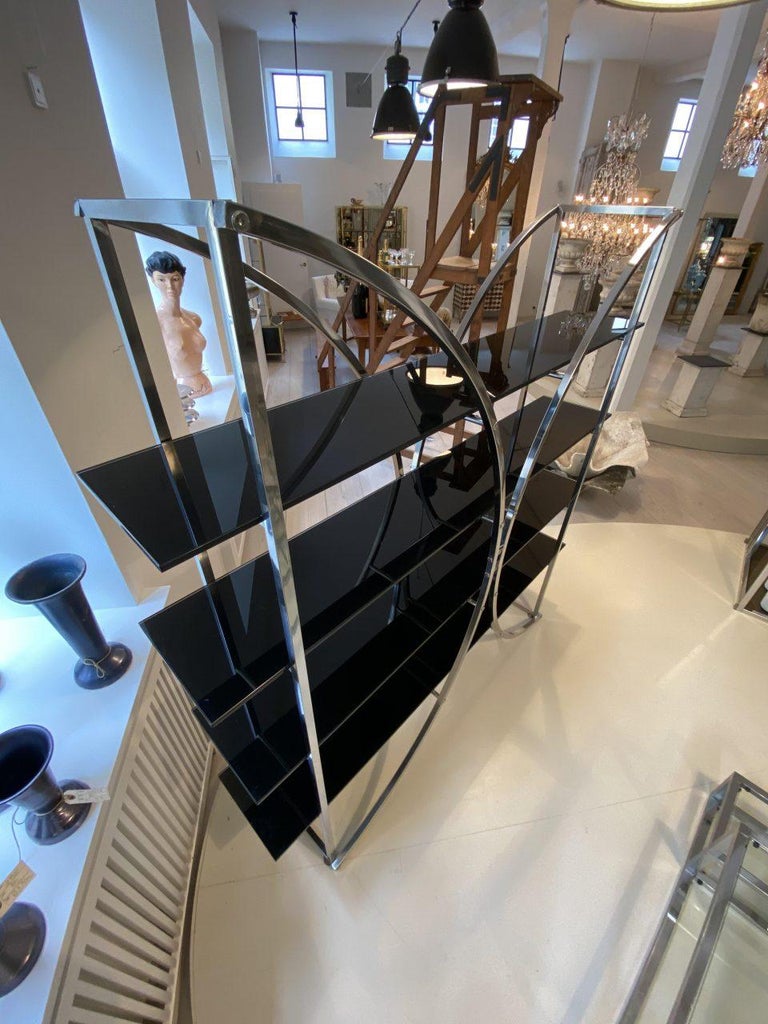 Chrome and Black Glass Art Deco Inspired Shelving / Room Divider-France For Sale 1