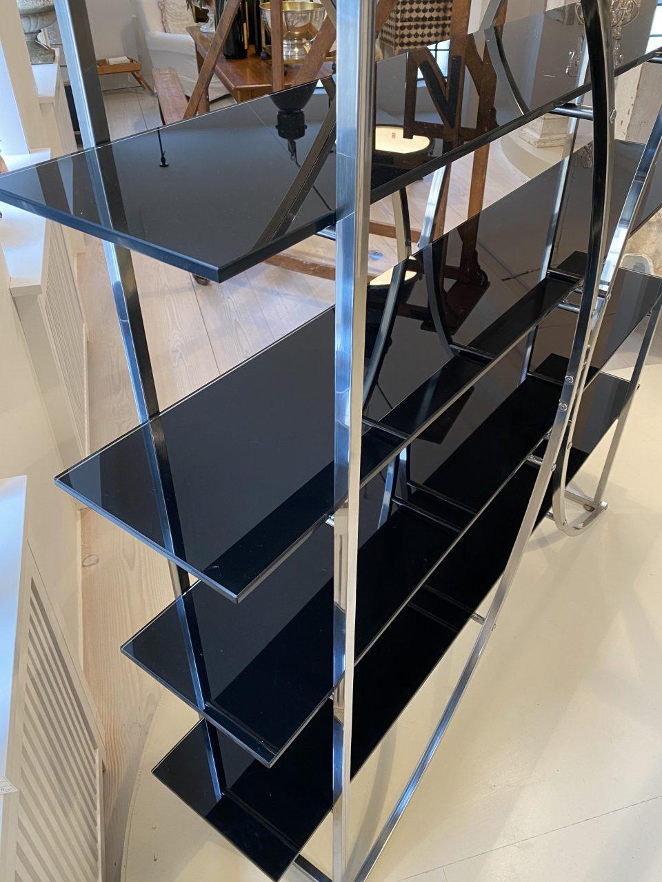 Mid-20th Century Chrome and Black Glass Art Deco Inspired Shelving / Room Divider-France For Sale