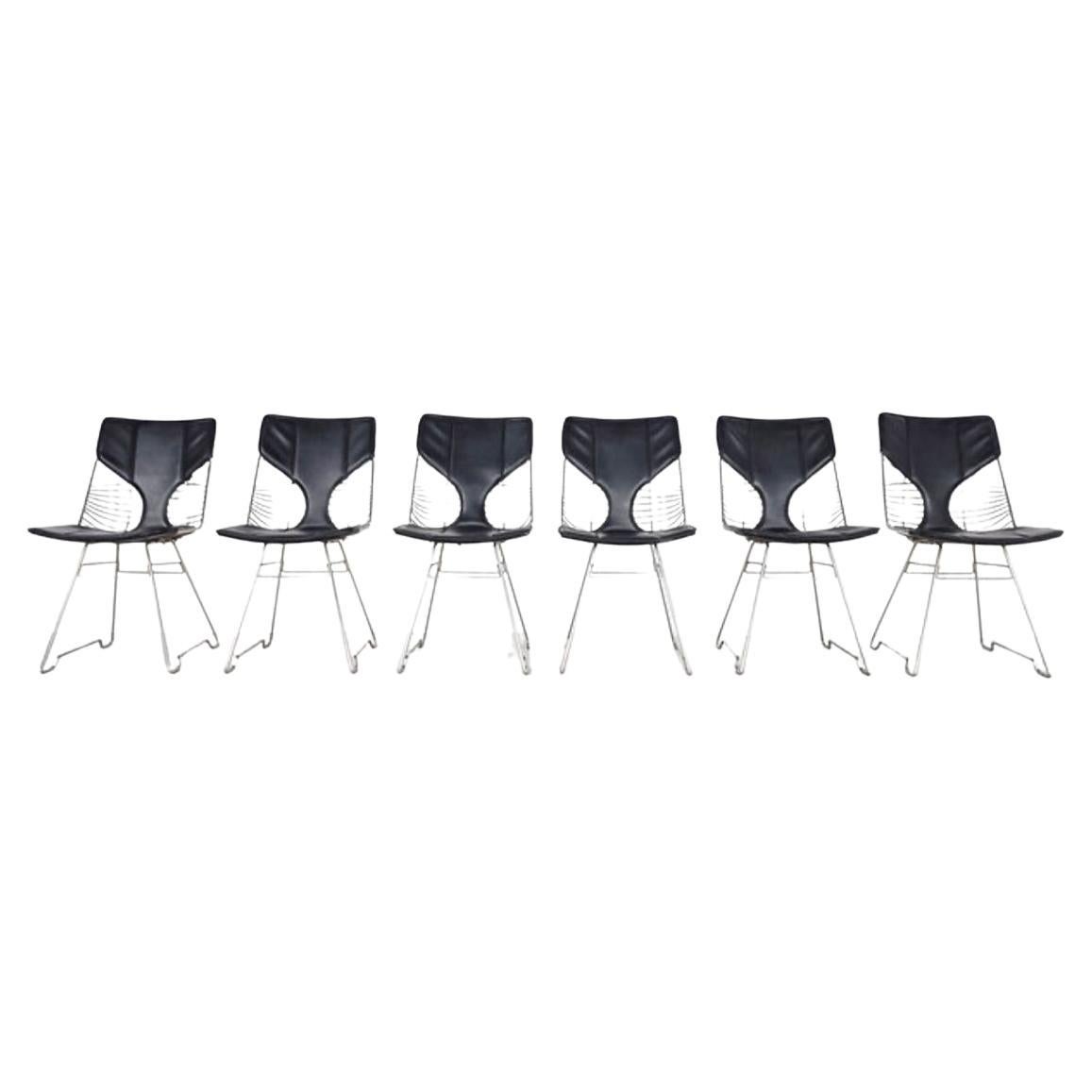 Chrome & Black Leather 1970s 6 Dining Chairs Attributed to Gastone Rinaldi For Sale