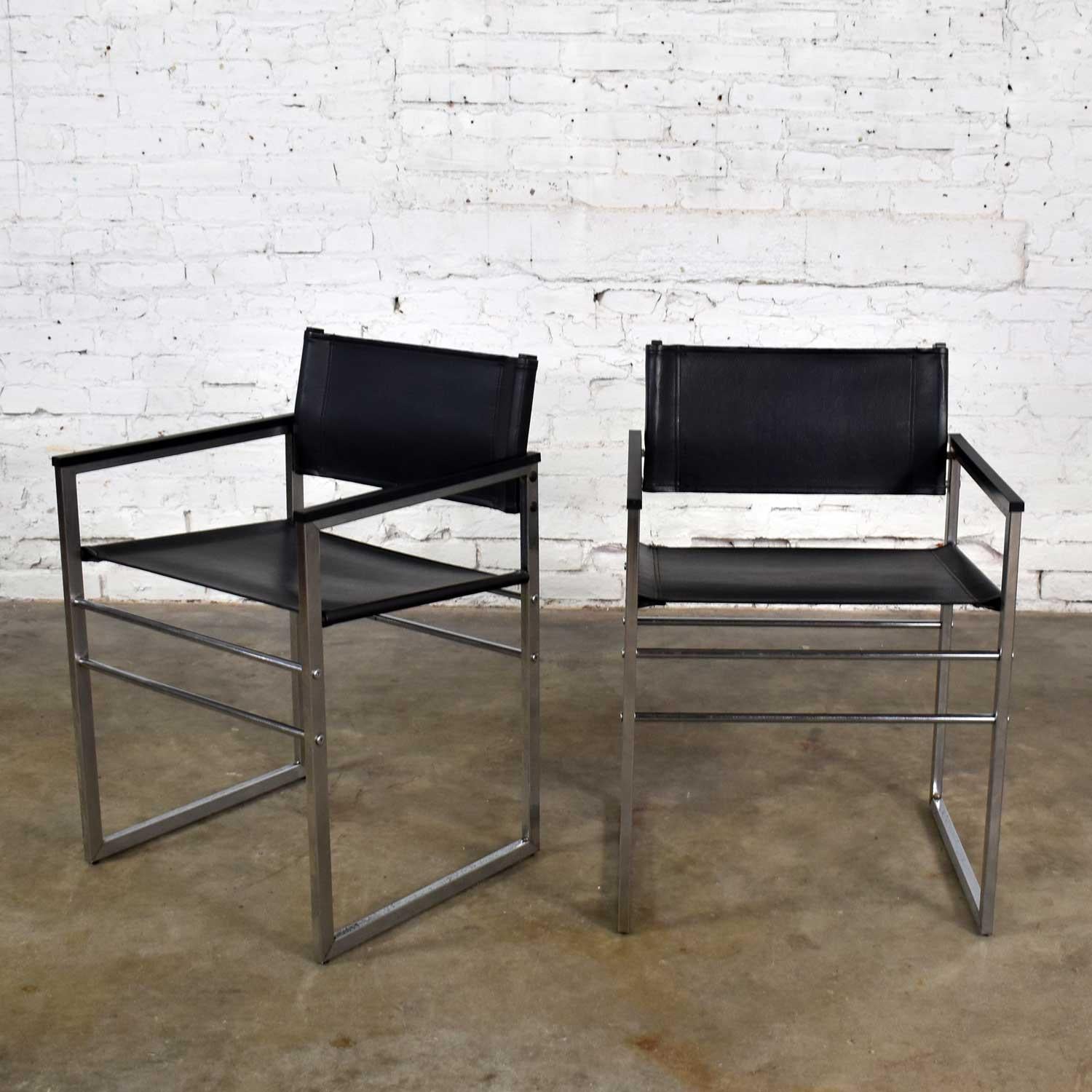 Chrome & Black Vinyl Faux Leather Sling Director’s Chairs Straight Legs, a Pair For Sale 1