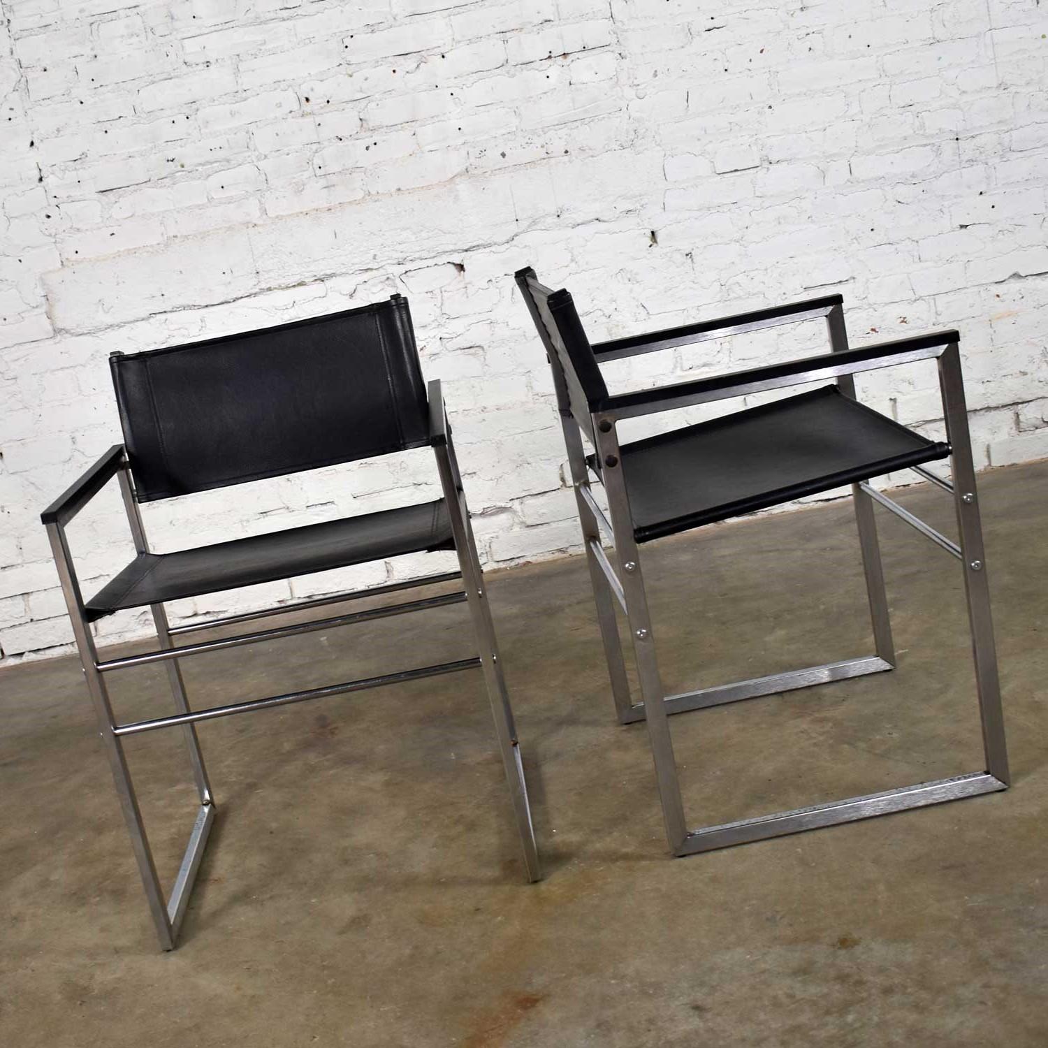 Chrome & Black Vinyl Faux Leather Sling Director’s Chairs Straight Legs, a Pair For Sale 4