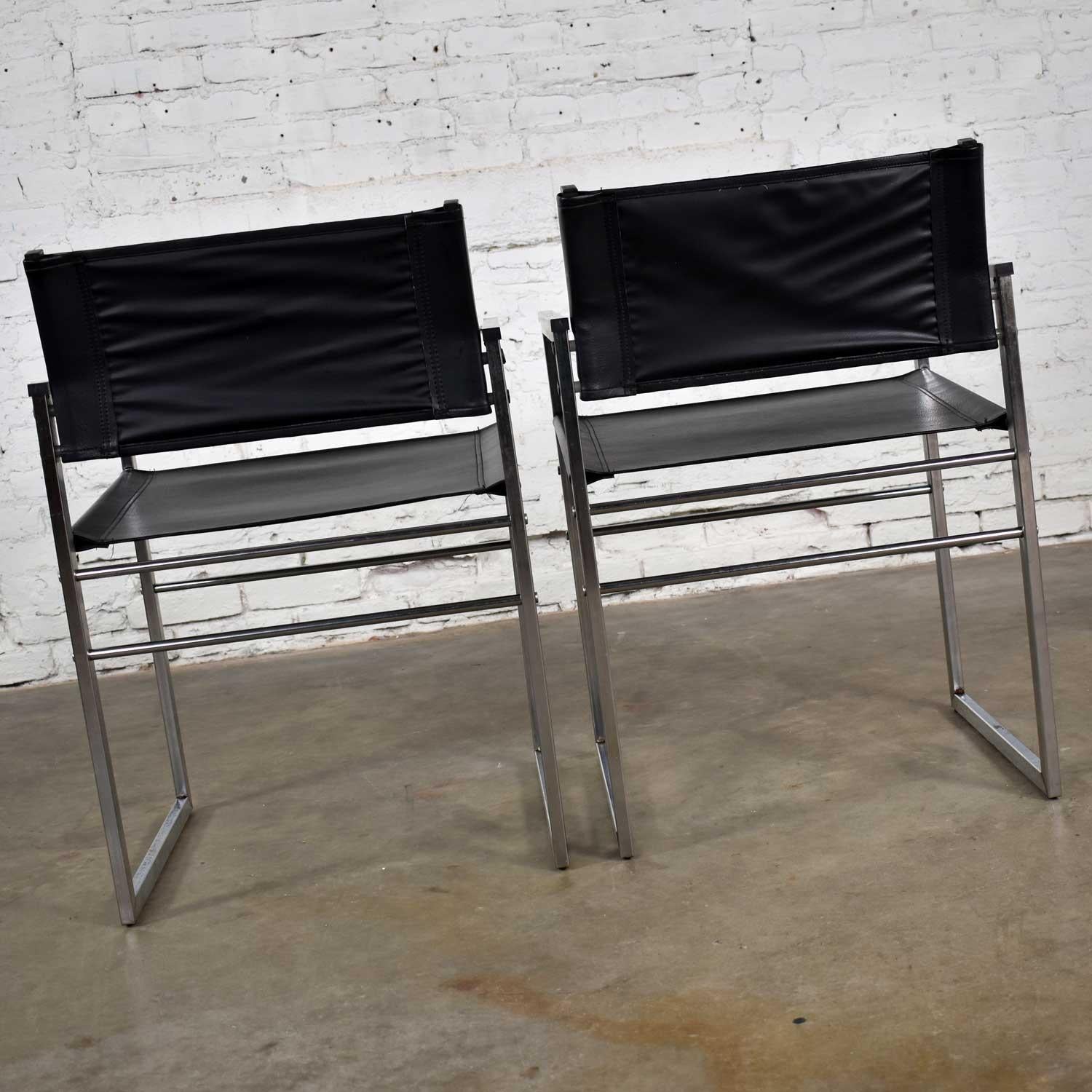 Chrome & Black Vinyl Faux Leather Sling Director’s Chairs Straight Legs, a Pair For Sale 7