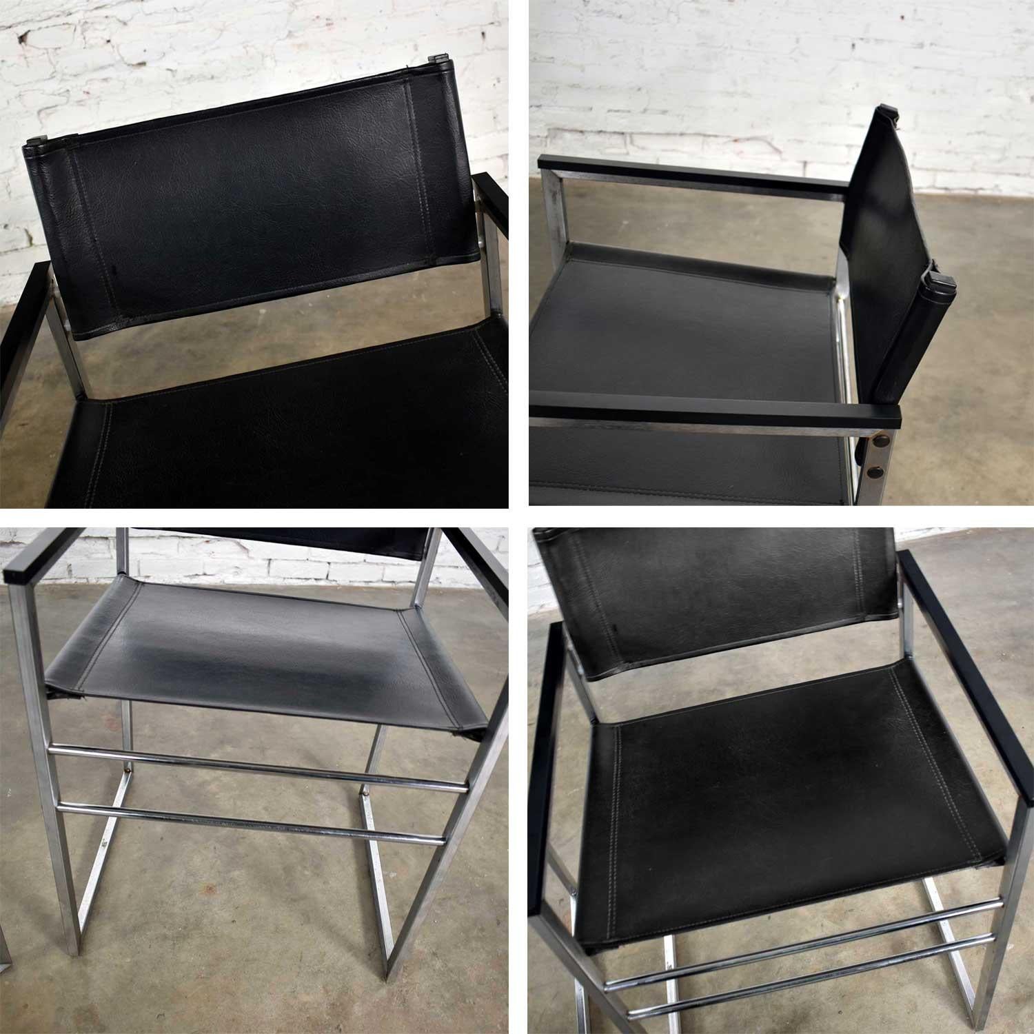 Chrome & Black Vinyl Faux Leather Sling Director’s Chairs Straight Legs, a Pair For Sale 9