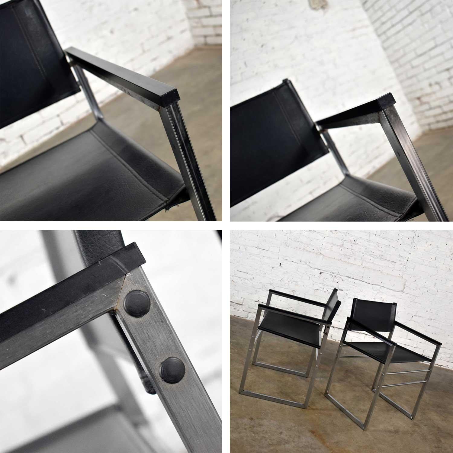 Chrome & Black Vinyl Faux Leather Sling Director’s Chairs Straight Legs, a Pair For Sale 10