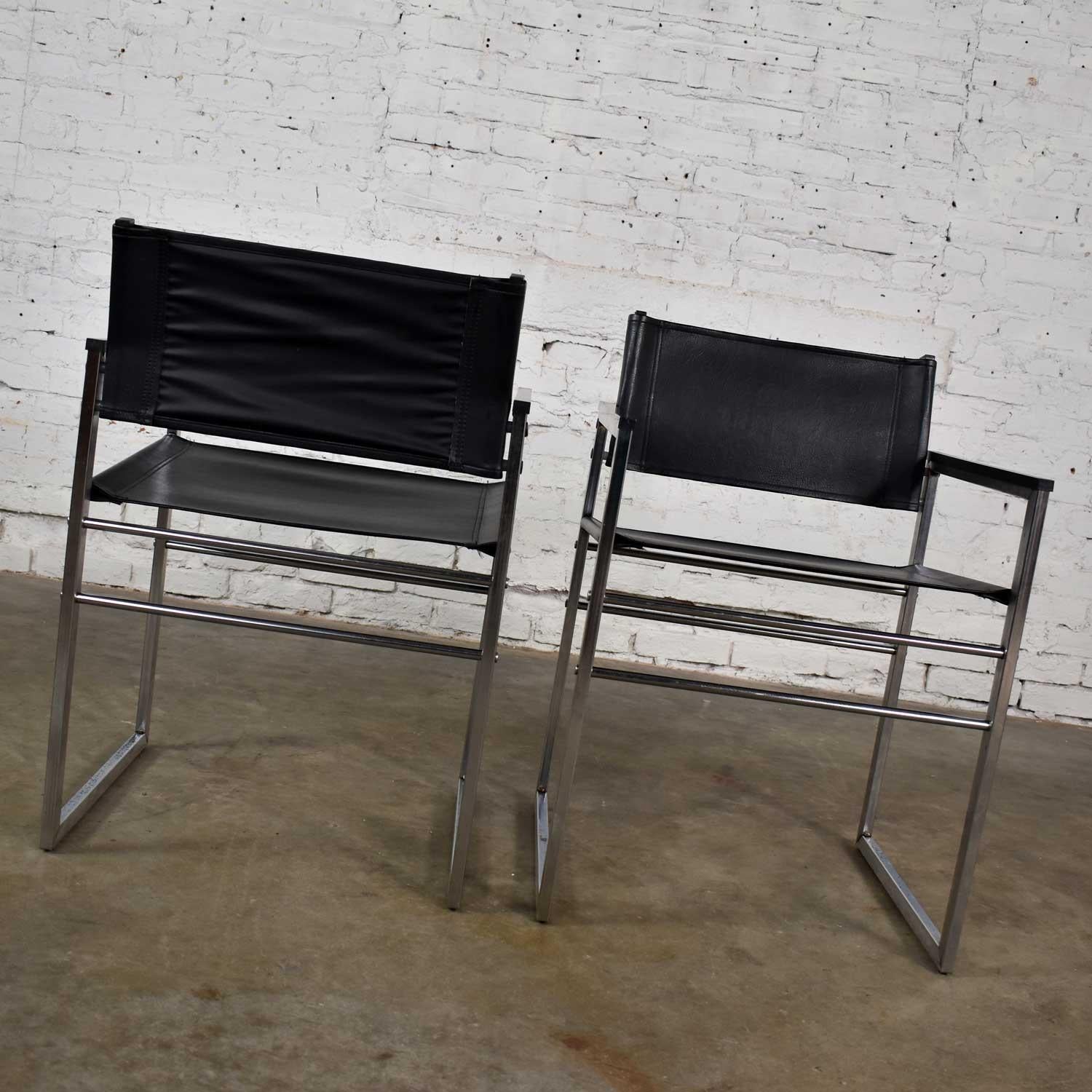 Chrome & Black Vinyl Faux Leather Sling Director’s Chairs Straight Legs, a Pair For Sale 12