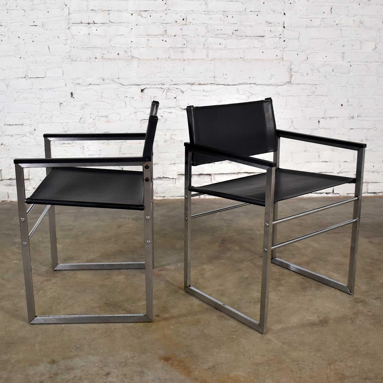 Chrome & Black Vinyl Faux Leather Sling Director’s Chairs Straight Legs, a Pair For Sale 13