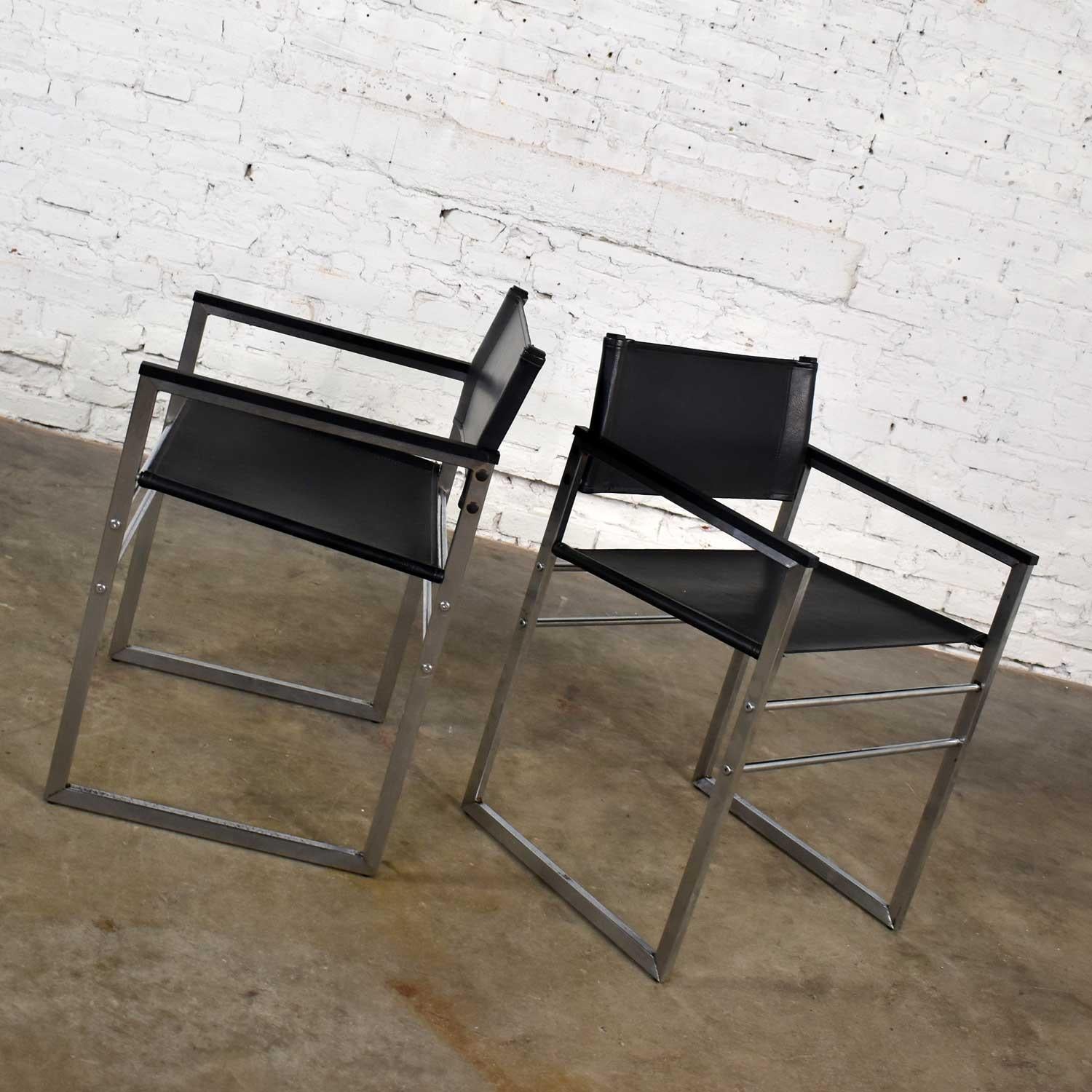 Chrome & Black Vinyl Faux Leather Sling Director’s Chairs Straight Legs, a Pair For Sale 14