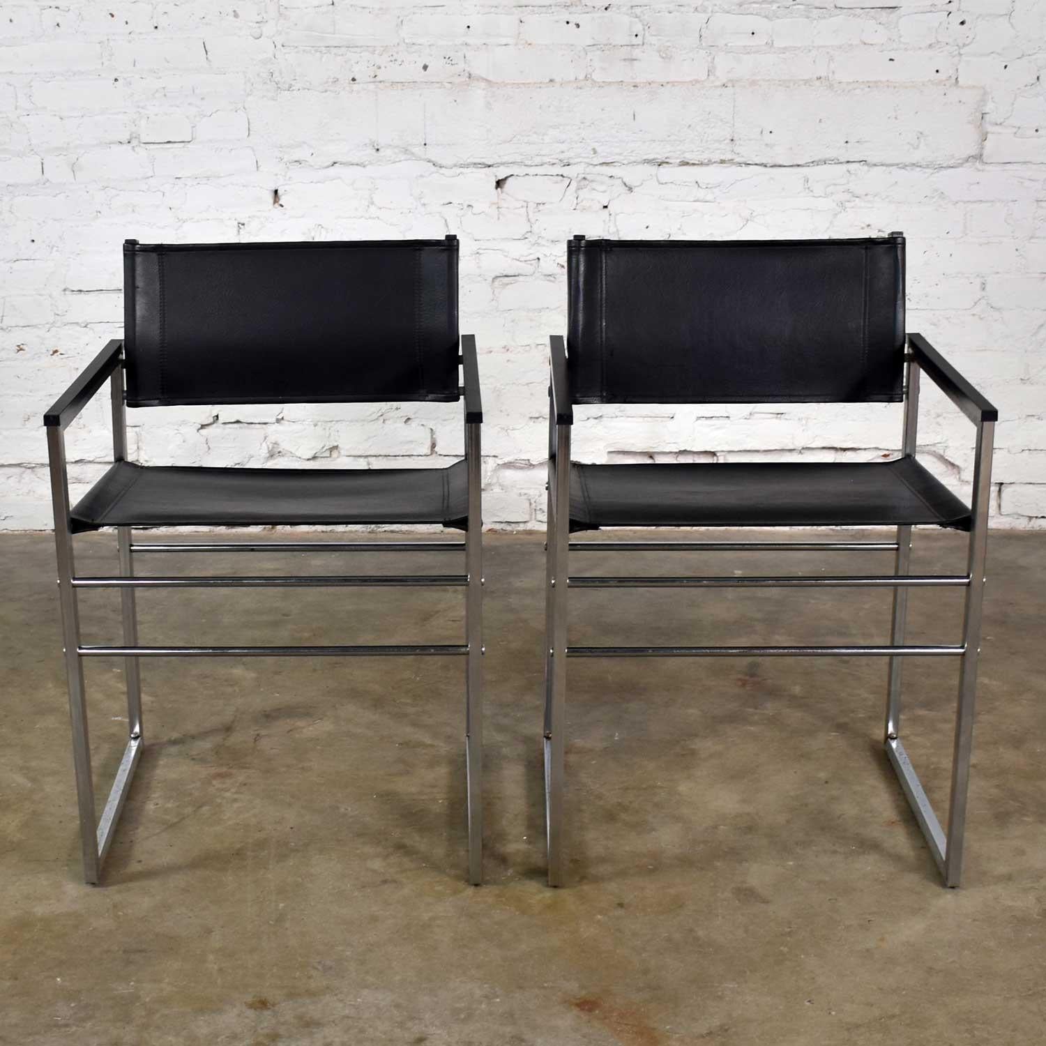 Chrome & Black Vinyl Faux Leather Sling Director’s Chairs Straight Legs, a Pair For Sale 22