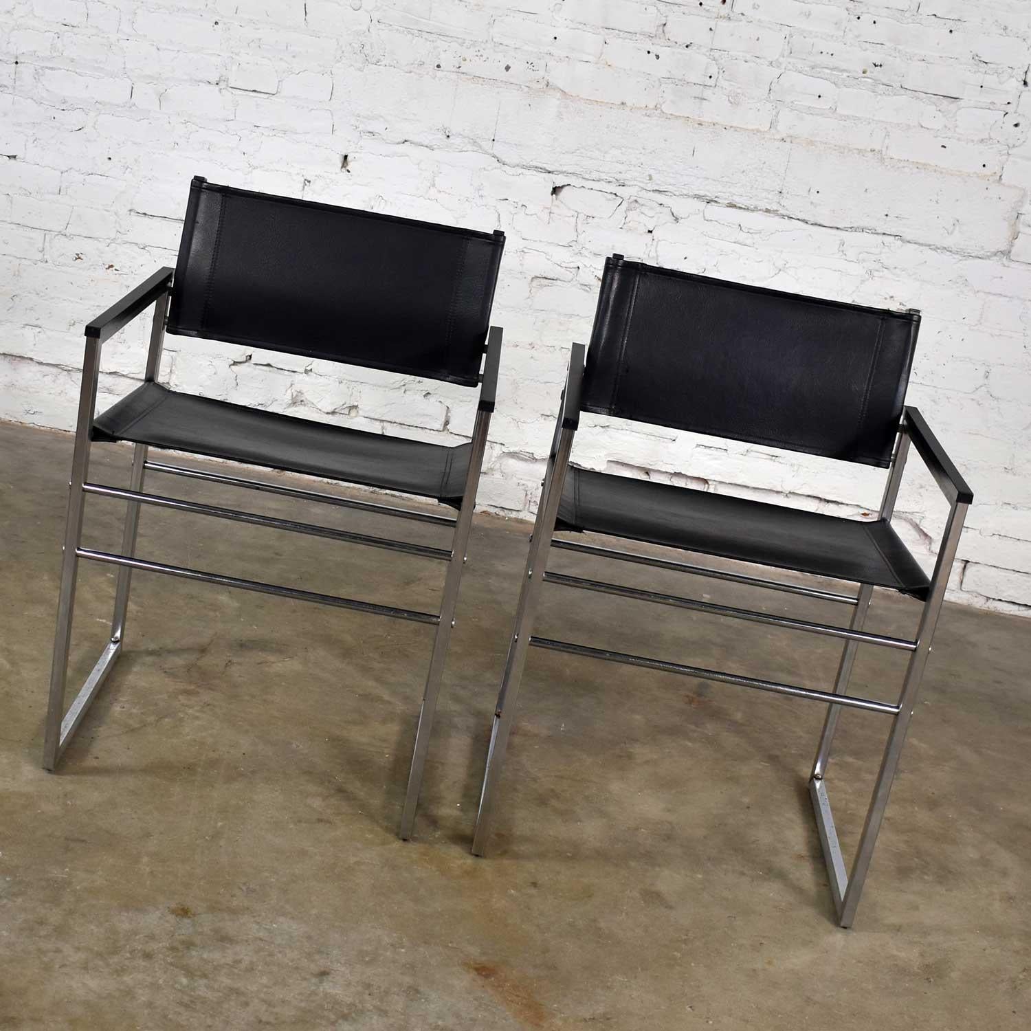 Chrome & Black Vinyl Faux Leather Sling Director’s Chairs Straight Legs, a Pair For Sale 23