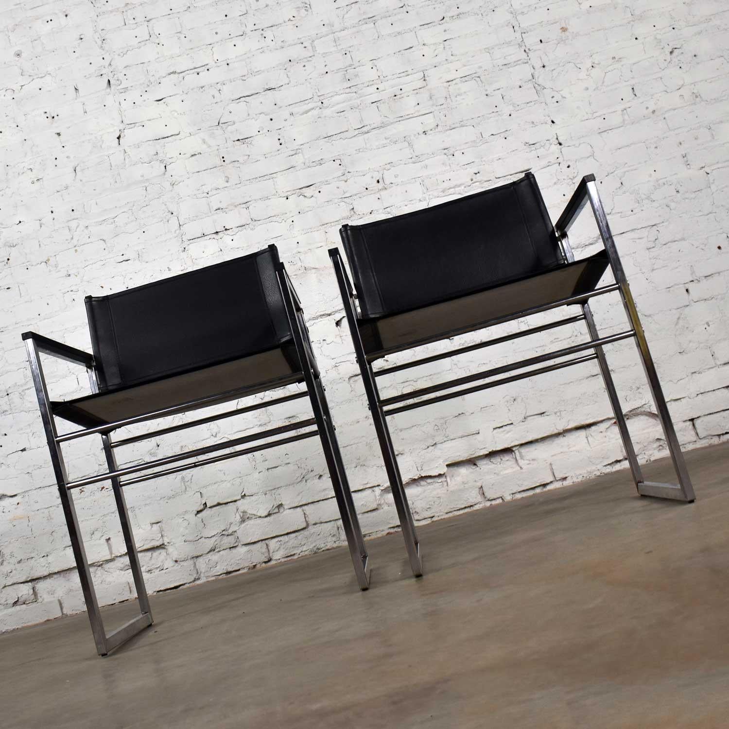 Campaign Chrome & Black Vinyl Faux Leather Sling Director’s Chairs Straight Legs, a Pair For Sale