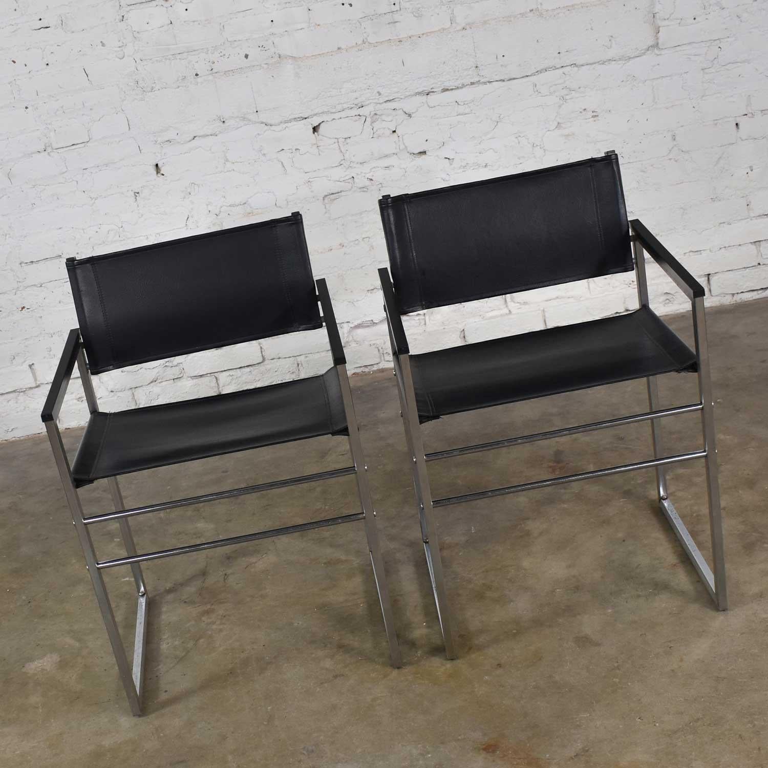 Chrome & Black Vinyl Faux Leather Sling Director’s Chairs Straight Legs, a Pair In Good Condition For Sale In Topeka, KS