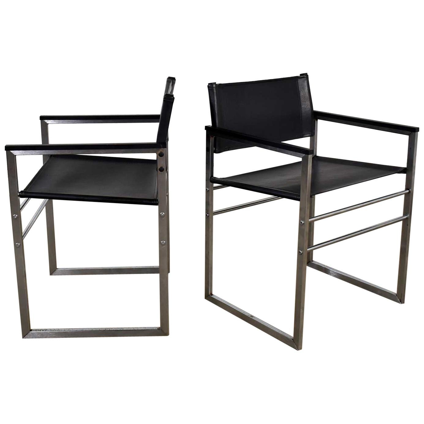 Chrome & Black Vinyl Faux Leather Sling Director’s Chairs Straight Legs, a Pair For Sale