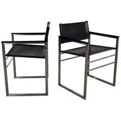 Used Chrome & Black Vinyl Faux Leather Sling Director’s Chairs Straight Legs, a Pair