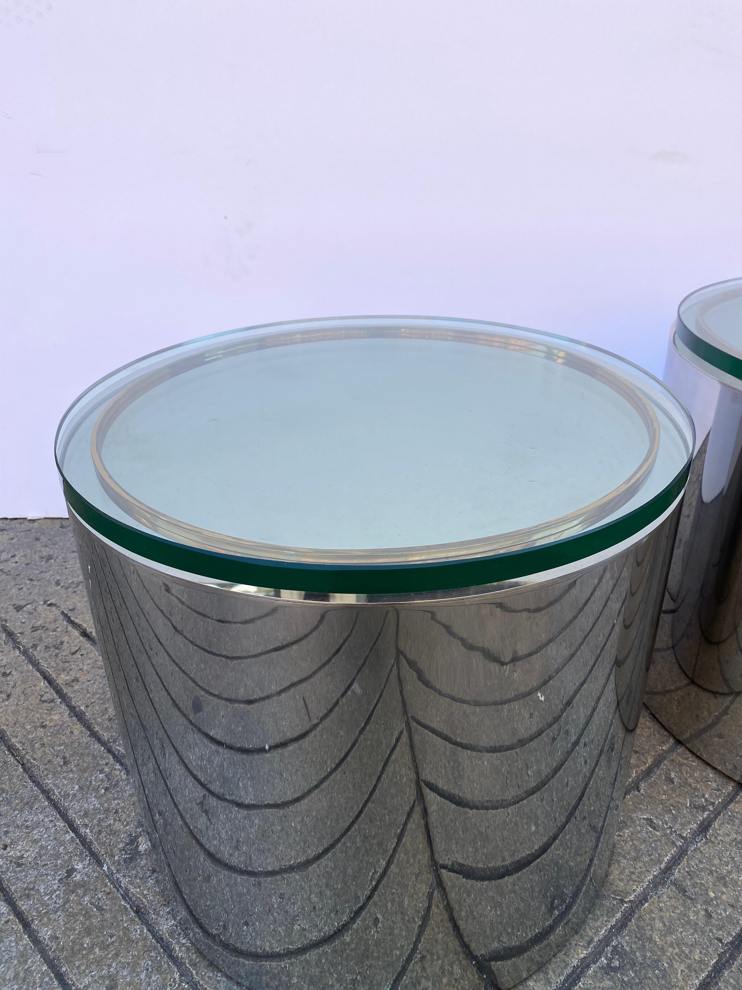 Chrome, Brass and Glass Drum Tables / Pair 2