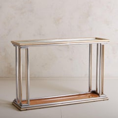 Chrome + Brass Console Table with Burl Wood Base, Italy 20th Century