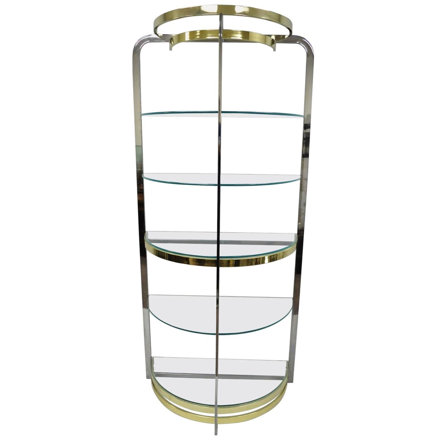 Chrome Brass Glass Demilune Etagere Half Round Mid-Century Modern Shelf