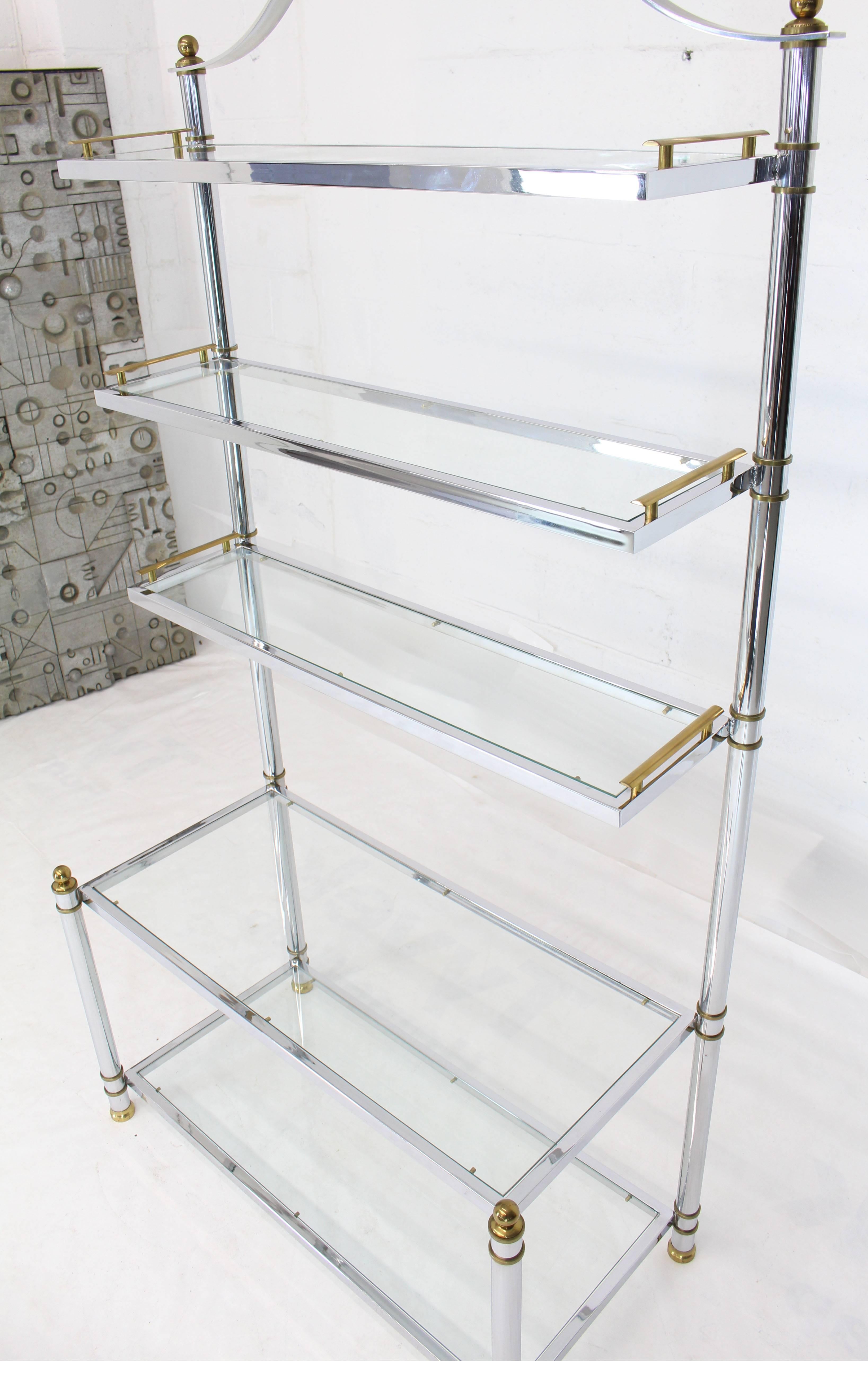 Mid-Century Modern chrome glass brass bakers rack or étagère storage shelves display.