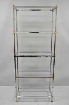 Chrome Brass Hollywood Regency Faux Bamboo Étagère Display Glass Shelf Stand B