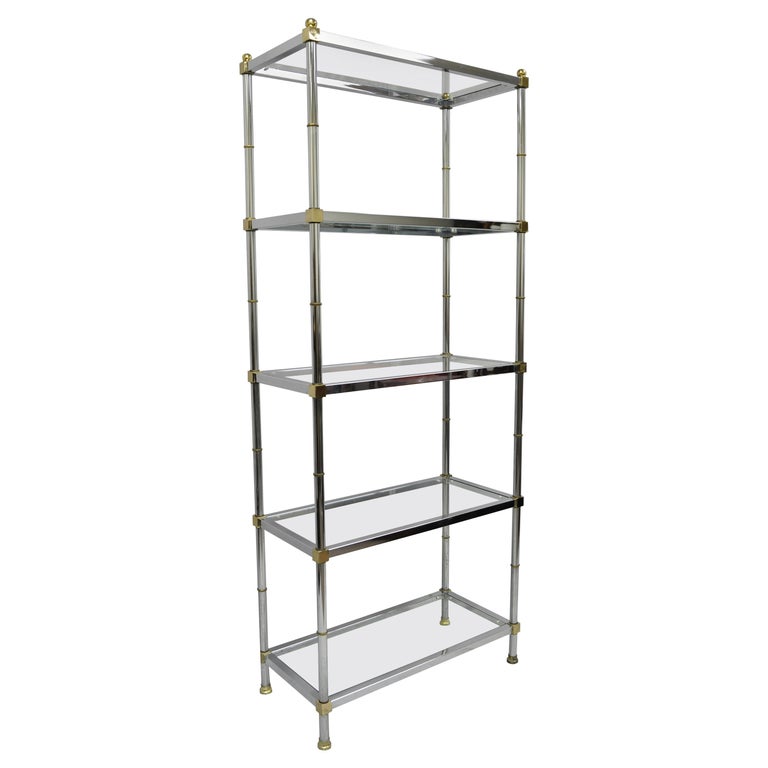 Chrome Brass Hollywood Regency Faux Bamboo Étagère Display Glass Shelf Stand B at 1stDibs